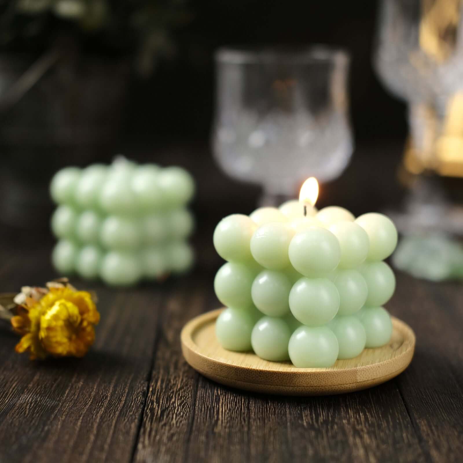 2-Pack Decorative Paraffin Wax Candles Bubble Cube Design Sage Green - Unscented Long Burning Pillar Candle Set 2