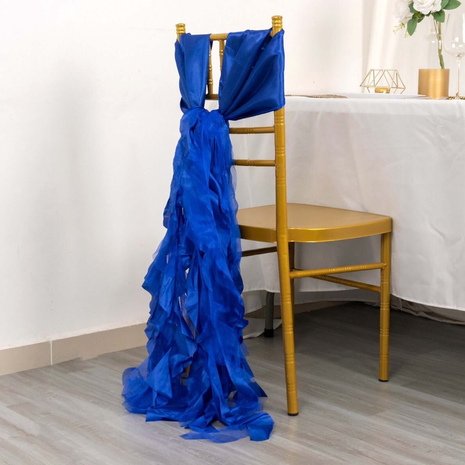 5 Pack Chiffon Satin Chair Sashes Royal Blue - Easy to Install Ruffled Curly Willow