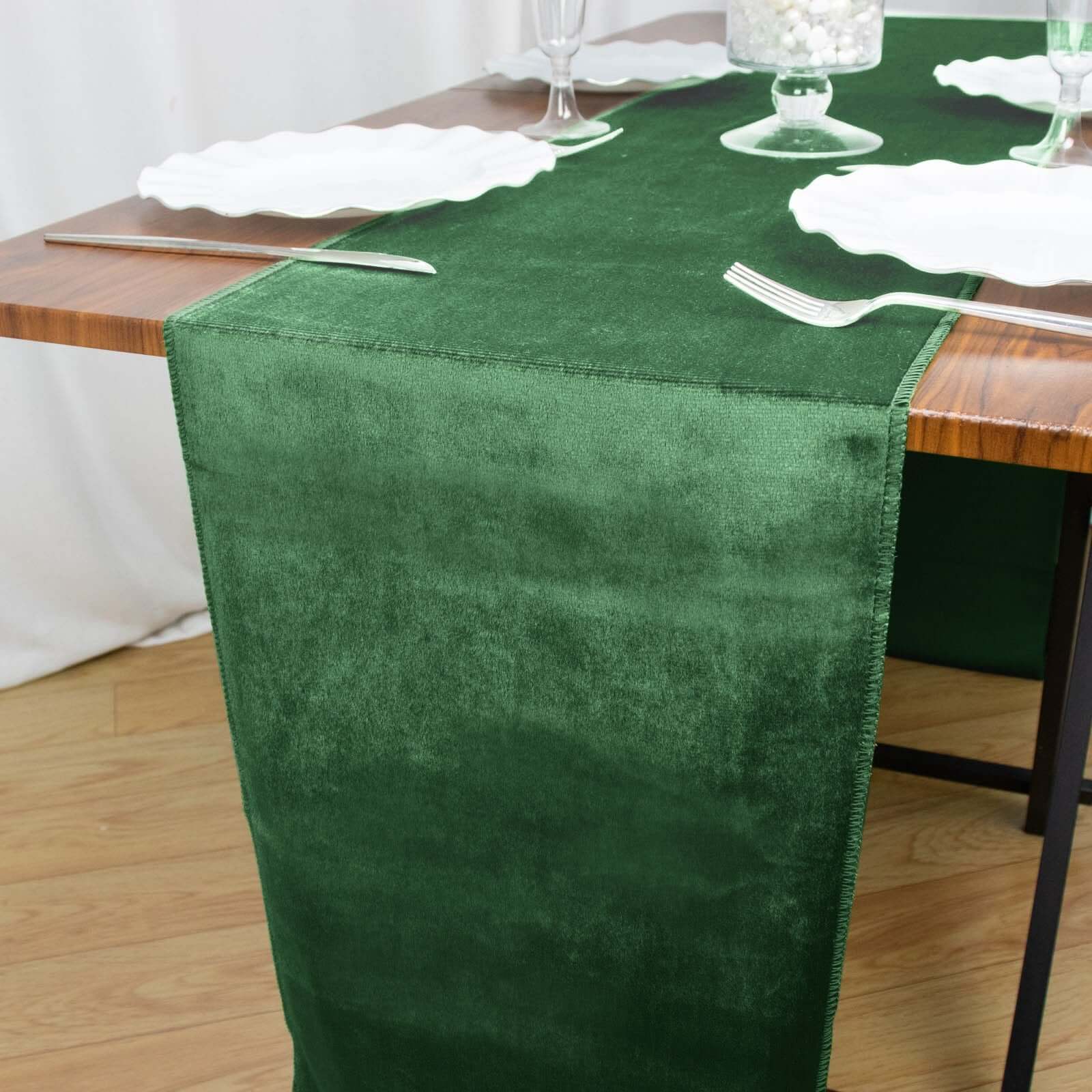 Premium Velvet 12x108 Table Runner Hunter Emerald Green - Sheen Finish Reusable Table Decor