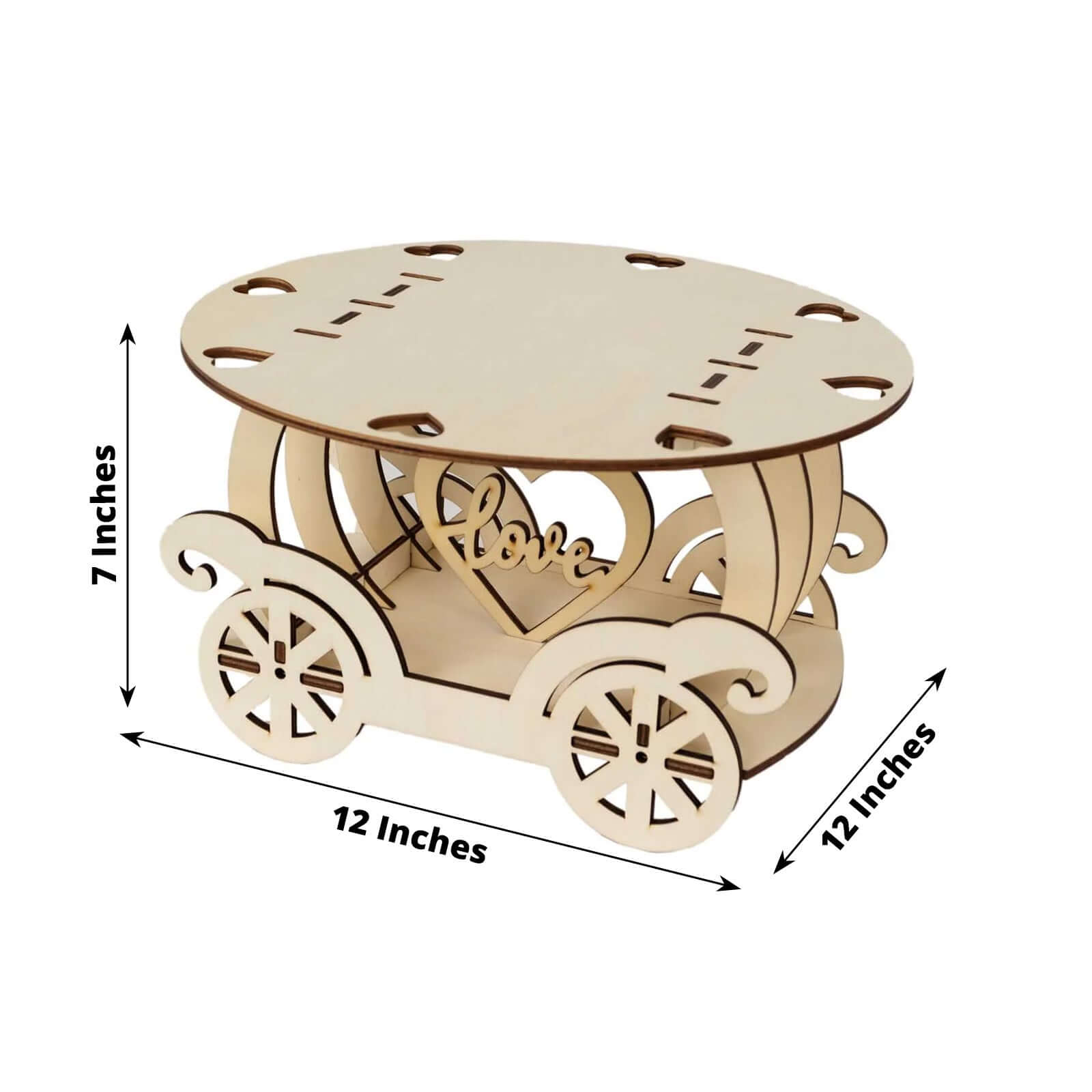 Wooden Wedding Cake Stand Carriage Shape Natural with Laser Cut Design - Round Cupcake Holder Display Plate 12