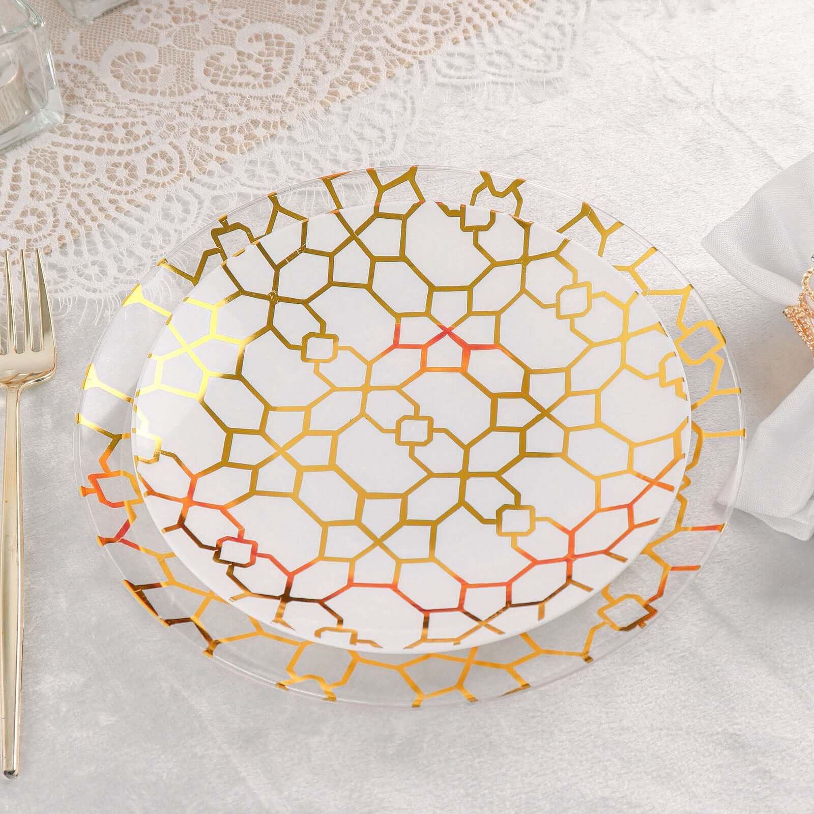 20-Pack Set Plastic Round Dinner and Salad Plates in White & Clear with Geometric Gold Print - Modern Disposable Dinnerware Set for Weddings & Celebrations 9, 7