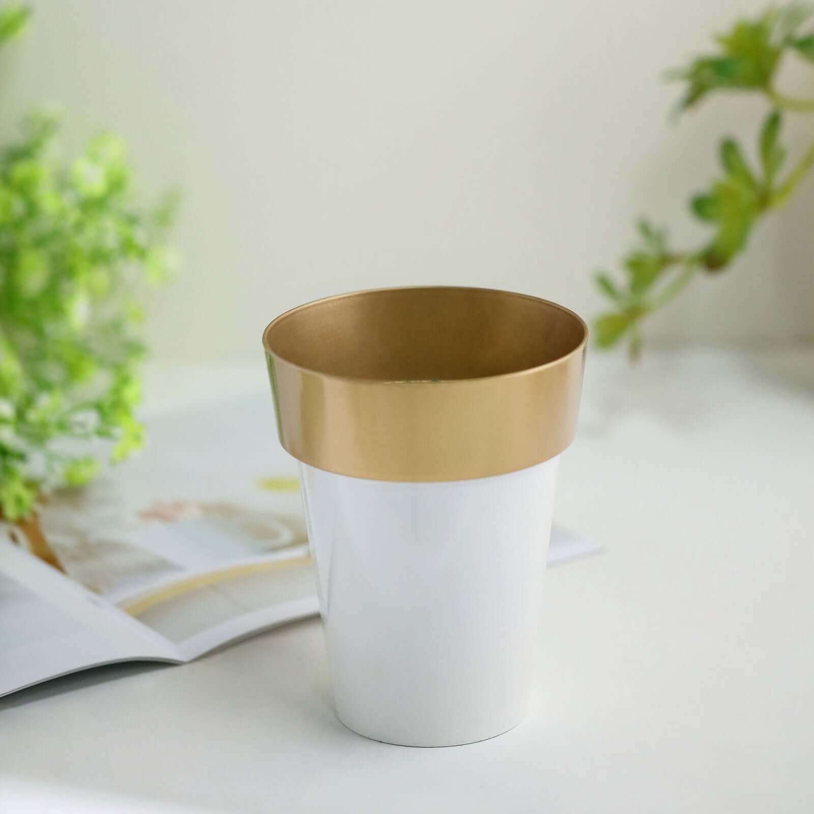 2-Pack Flower Plant Pots Medium Design White with Gold Rim - Plastic Indoor Decorative Planters 6