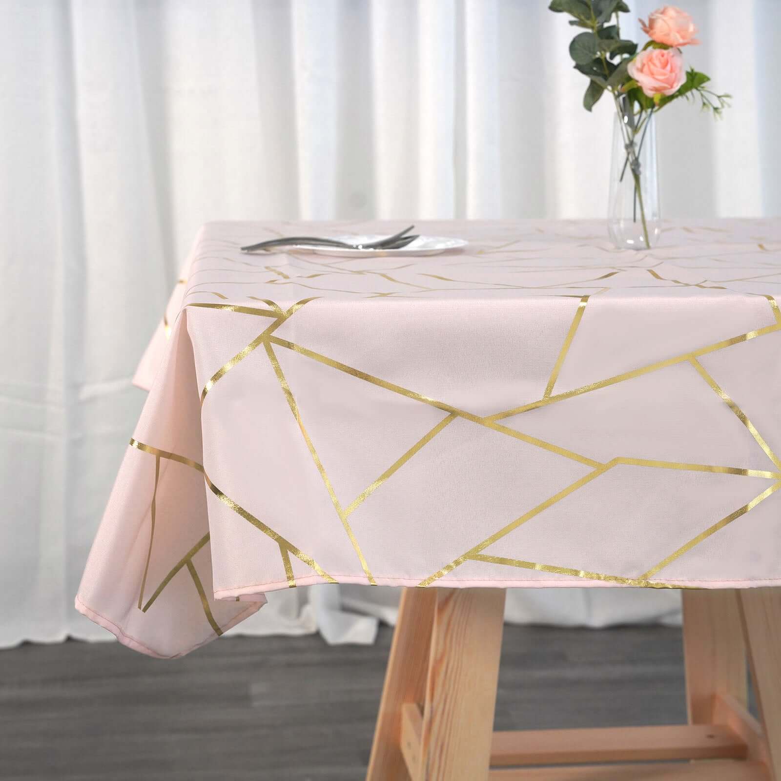 Polyester 54x54 Table Overlay Square Tablecloth Blush with Gold Foil Geometric Pattern - Wrinkle-Resistant & Durable Table Topper