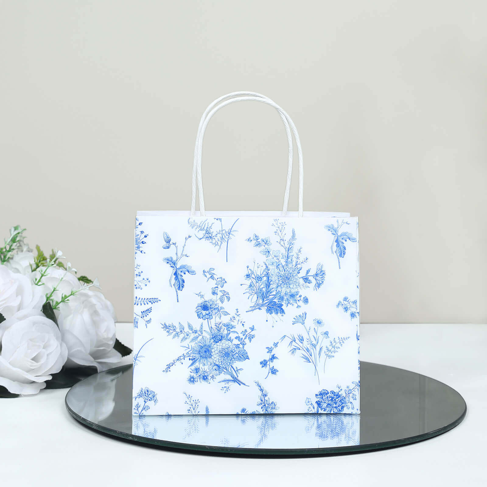 12 Pack White Blue Paper Gift Bags With Handles in French Toile Pattern, Party Favor Goodie Bags - 6x7