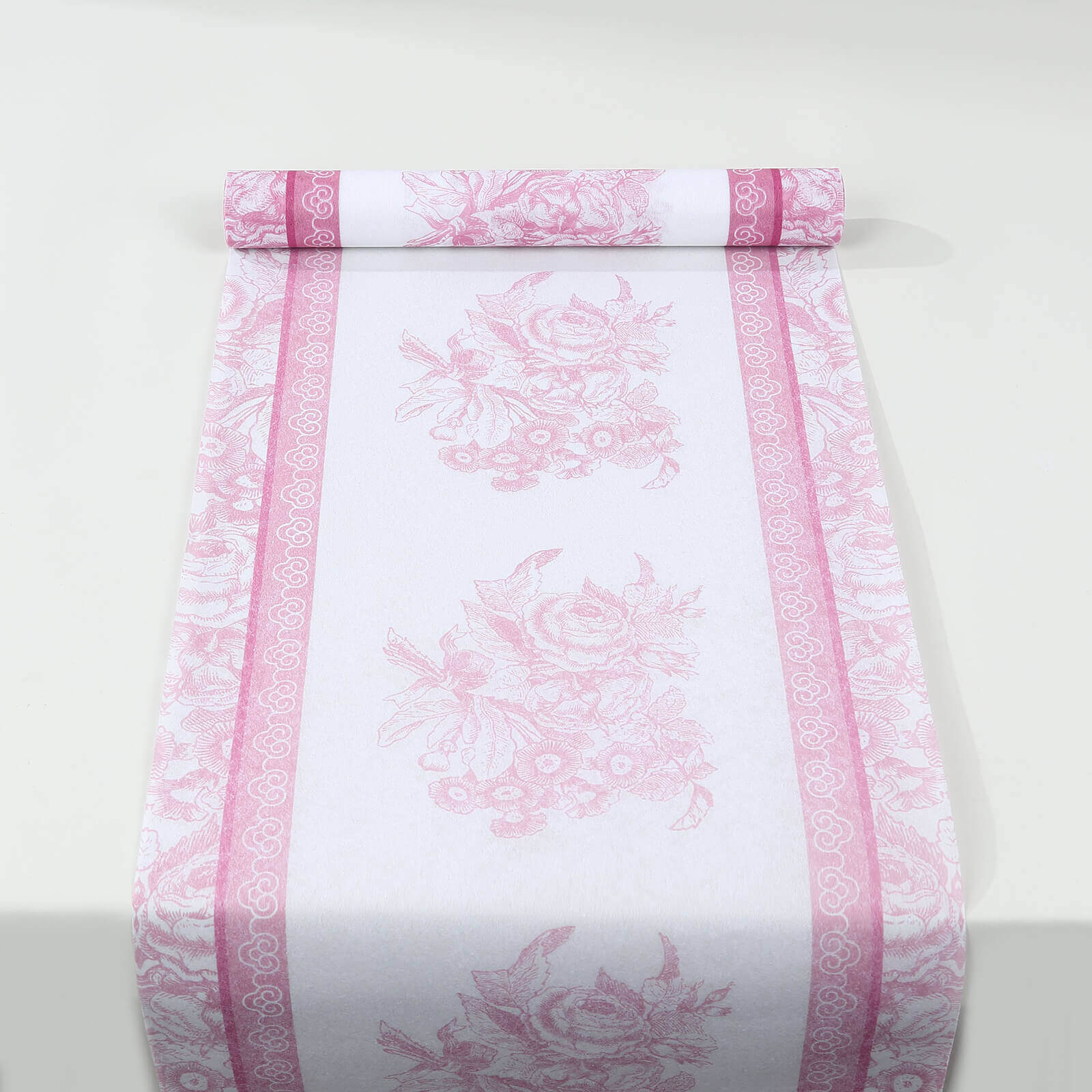 5 Pack Disposable Table Runners 11x108 White with Pink Floral Pattern - Non-woven Stylish Kitchen Dining Table Decor