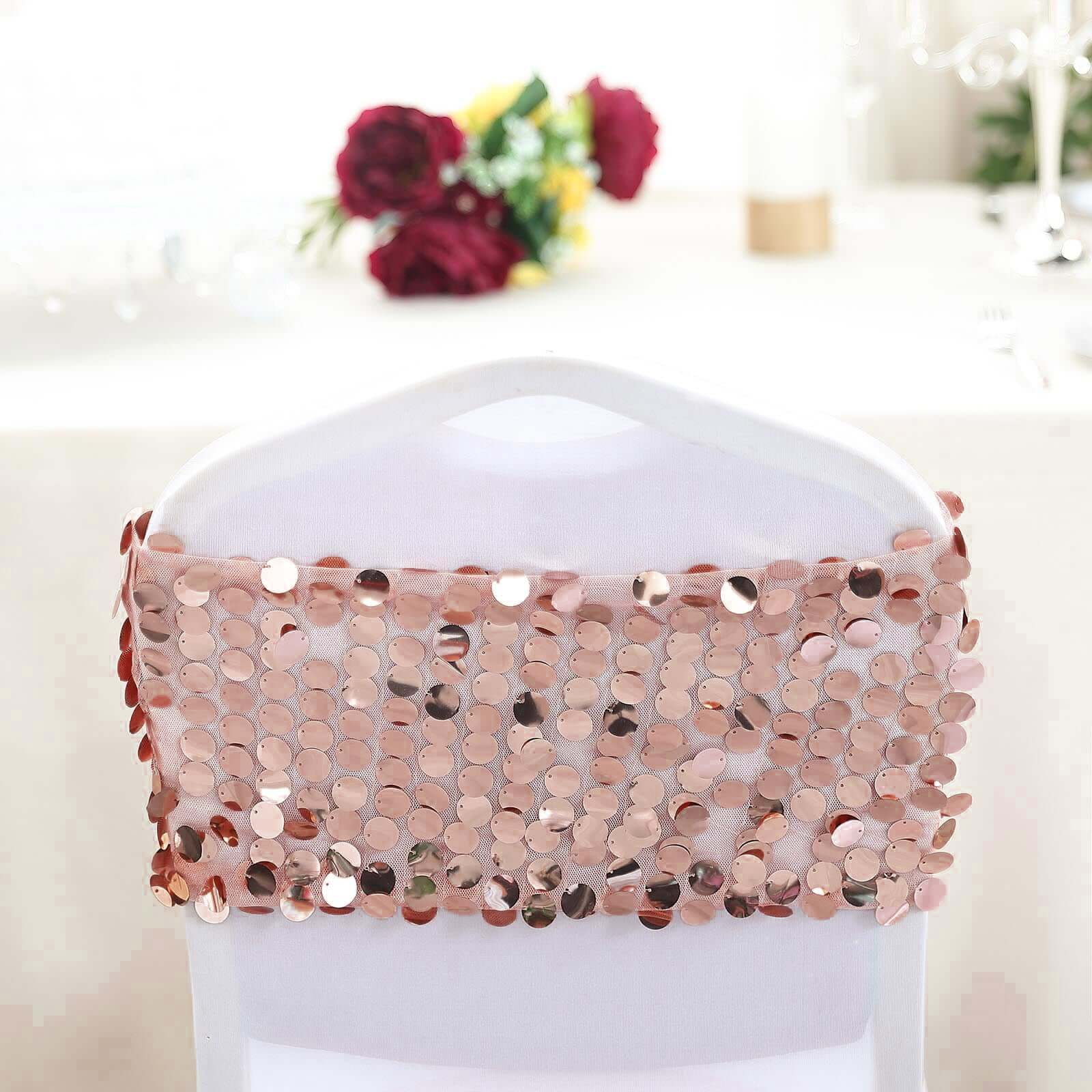 5 Pack Big Payette Sequin 13x10 Chair Sash Bands Blush - Stylish Glittering Decor for Weddings & Gatherings