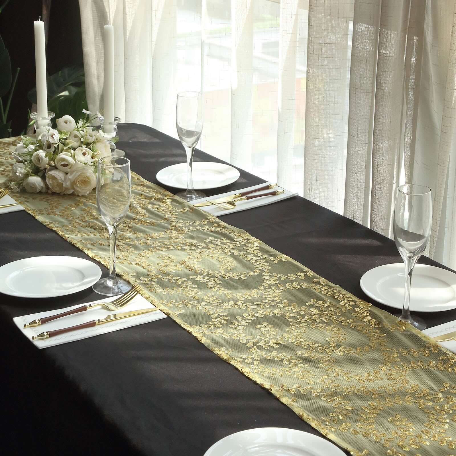 Mesh 12x108 Table Runner Gold - Leaf Vine Sequin Embroidered Design for Sophisticated Occasion