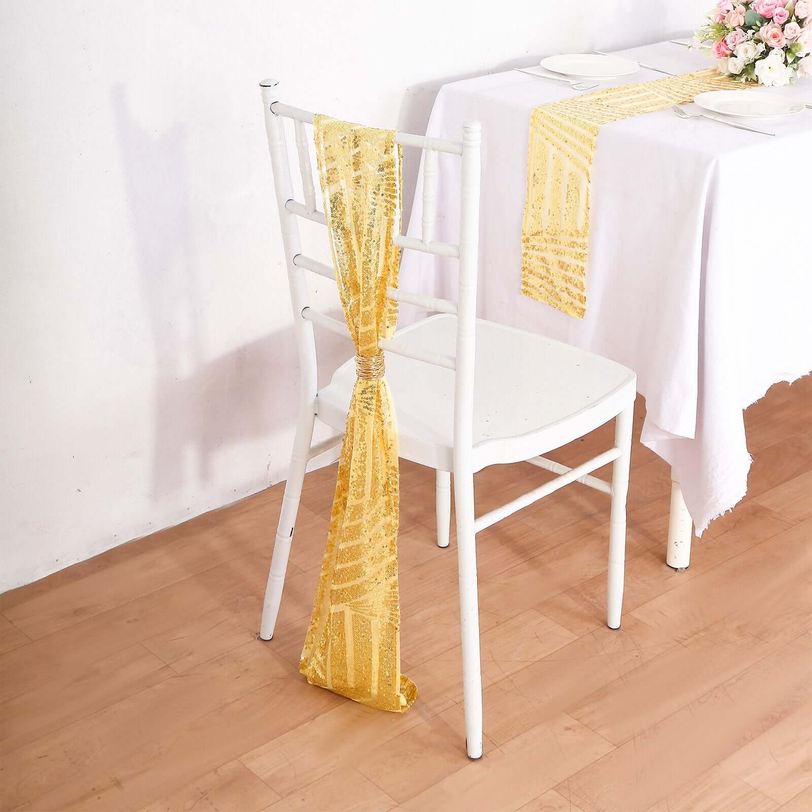 5 Pack Glitz Sequin Chair Sashes with Geometric Diamond Design 6x88 Gold - Glittering Accent for Weddings