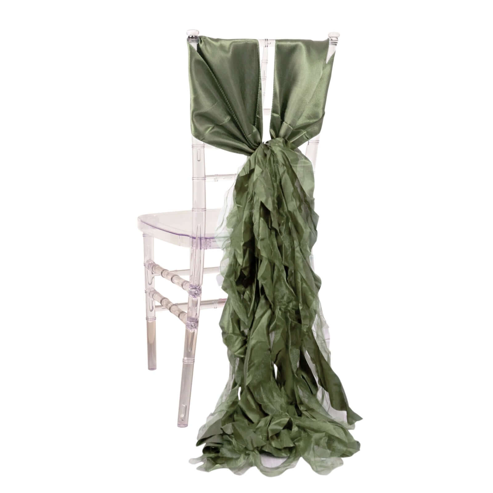 5 Pack Chiffon Satin Chair Sashes Dusty Sage Green - Easy to Install Ruffled Curly Willow