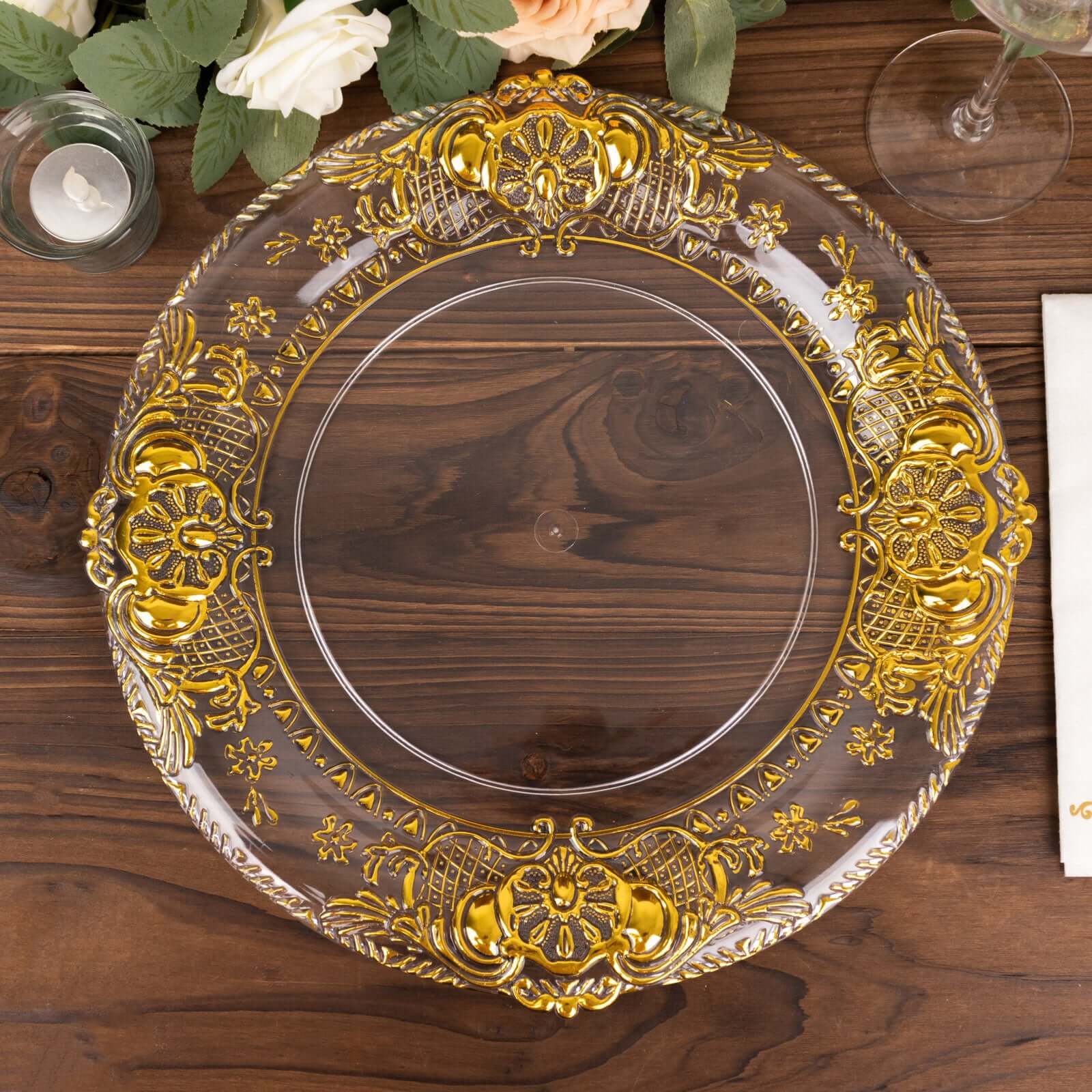 6-Pack Plastic Round Charger Plates 13 in Clear with Gold Florentine Embossed Rim, Exquisite Dinner Serving Plates