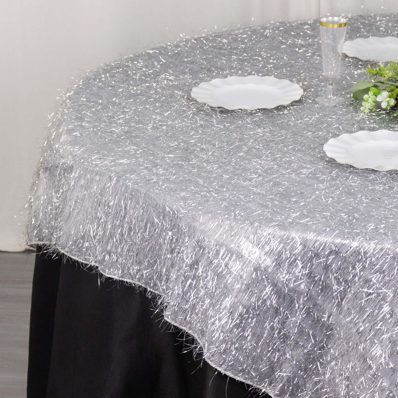 Polyester 72x72 Table Overlay Square Tablecloth Silver - Metallic Fringe Shag Tinsel Table Cover