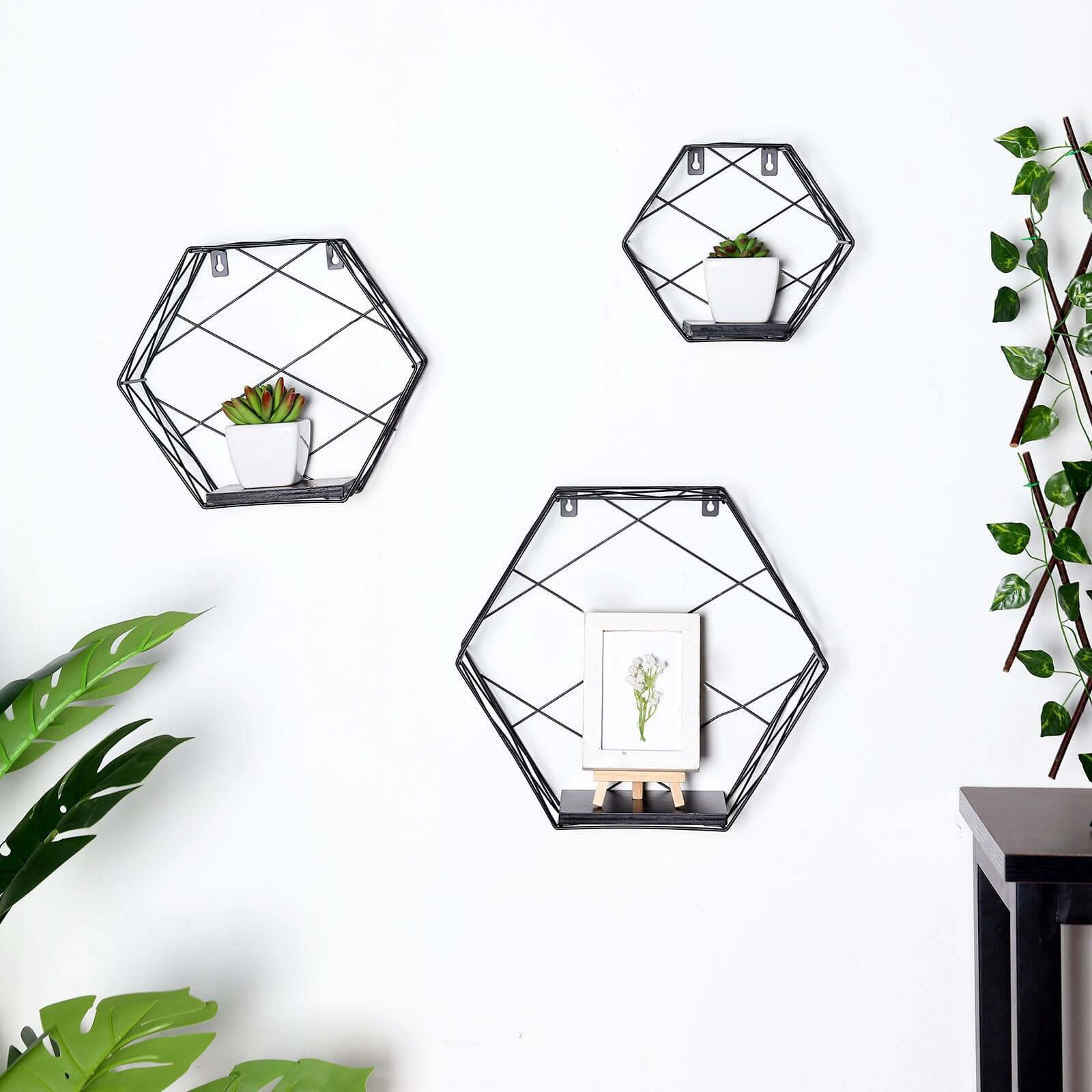 3 Pack Black Hexagonal Floating Wall Shelves, Decorative Geometric Wall Mounted Shelves - 9,12,14