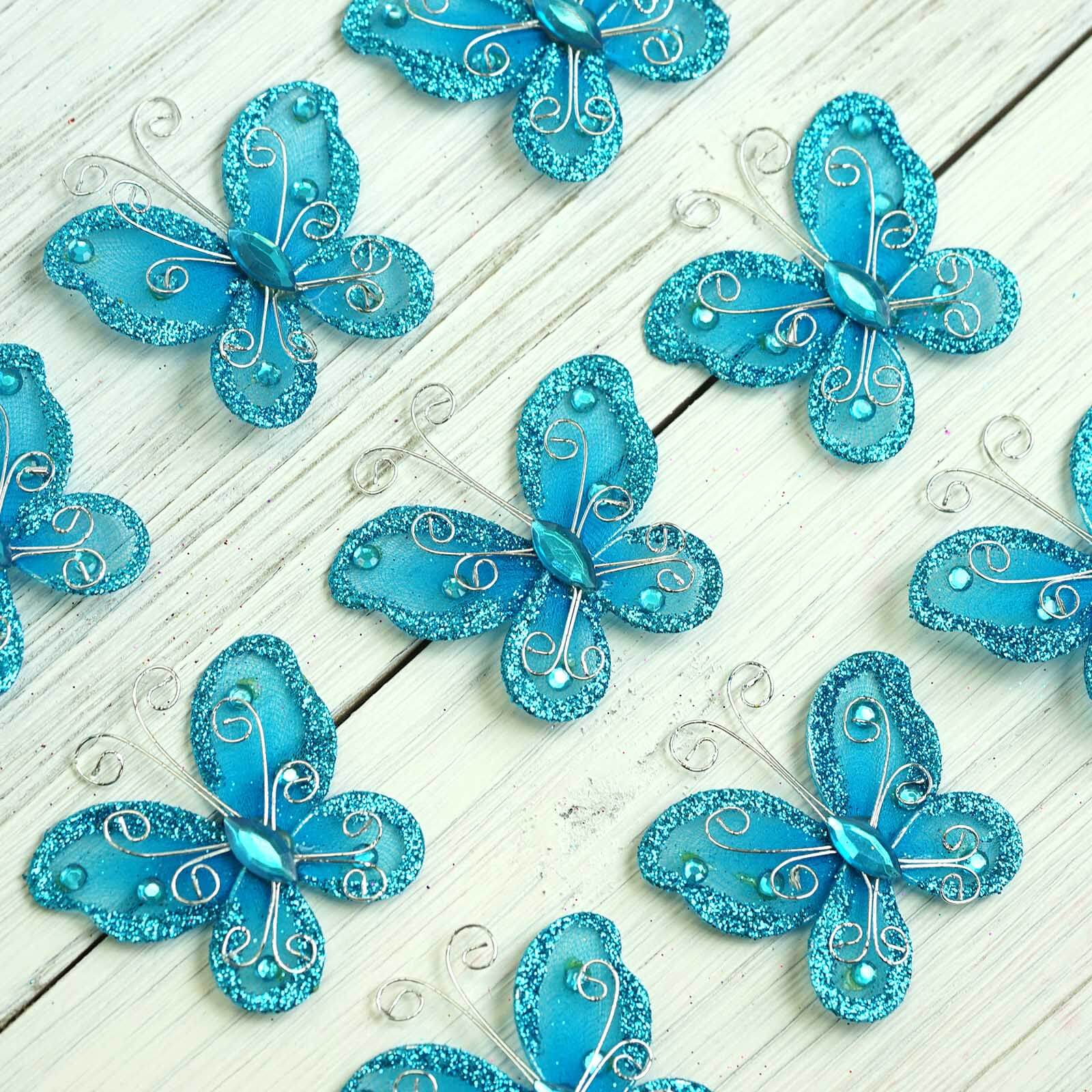 12 Pack 2 Turquoise Diamond Studded Wired Organza Butterflies