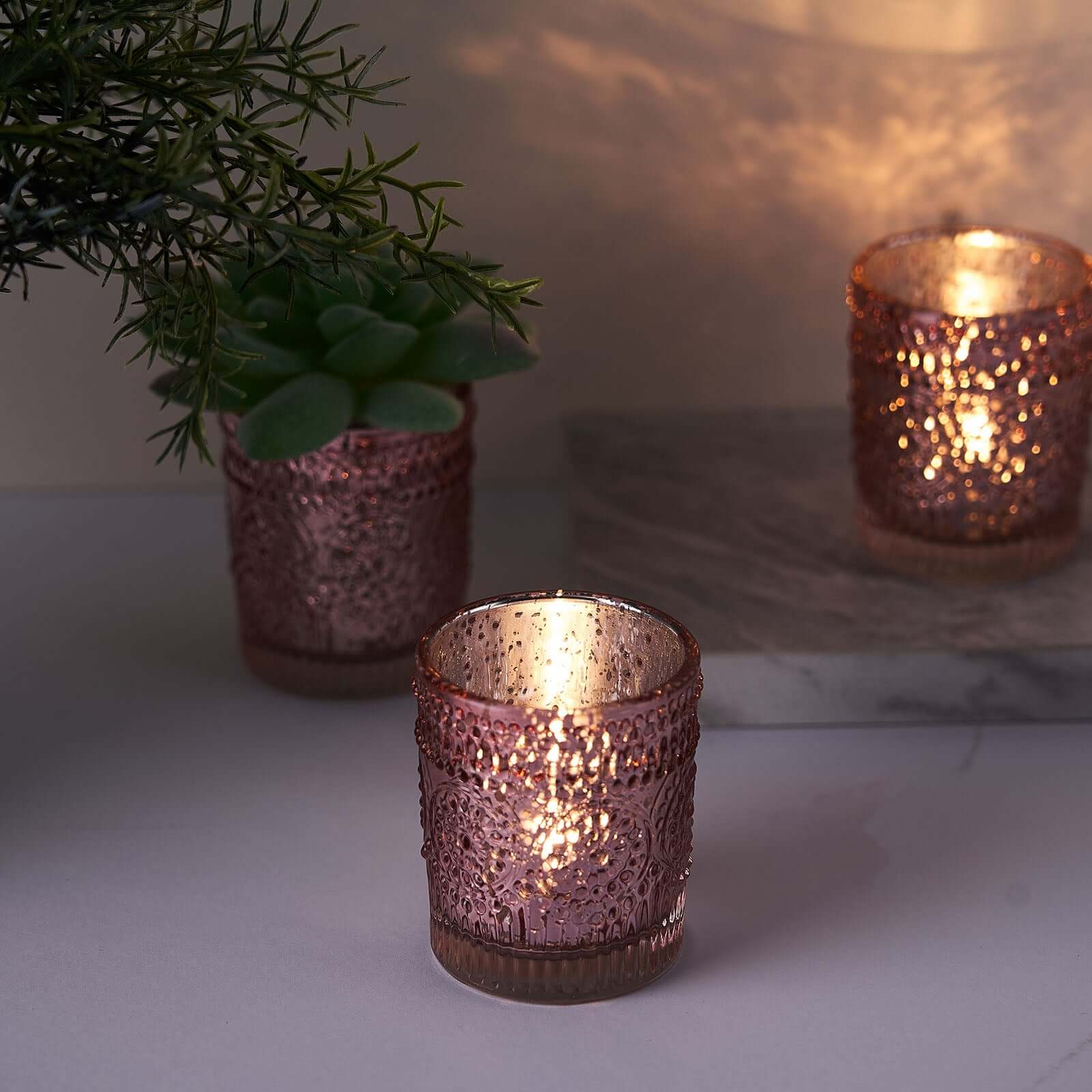 6-Pack Mercury Glass Candle Holders Rose Gold Primrose Design - Votive Tealight Holders for Weddings