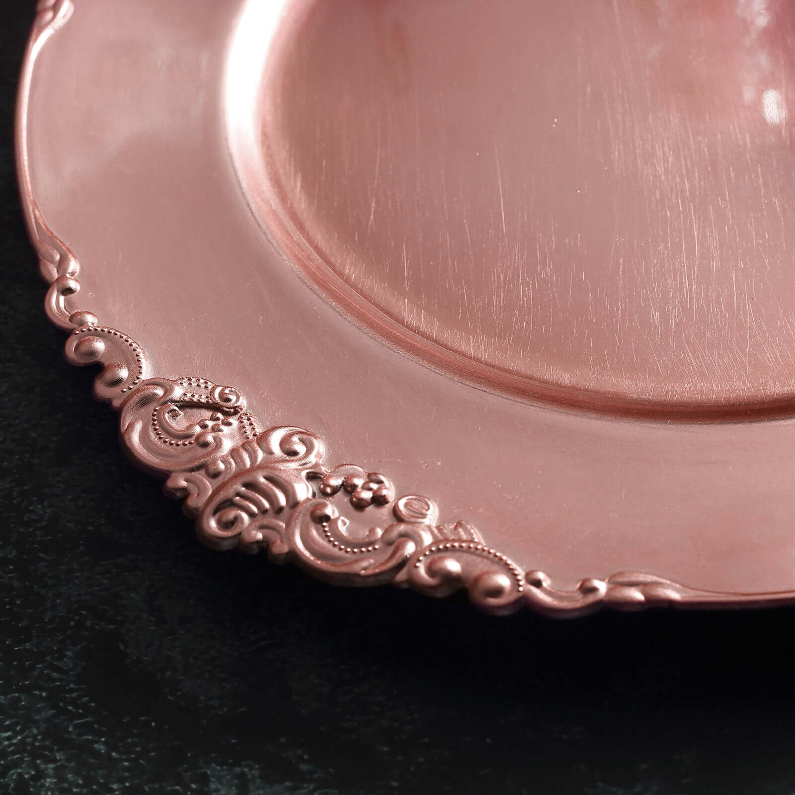 6-Pack Acrylic Round Charger Plates 13 in Rose Gold with Embossed Baroque Rim, Antique Decorative Dinner Party Charger Tableware