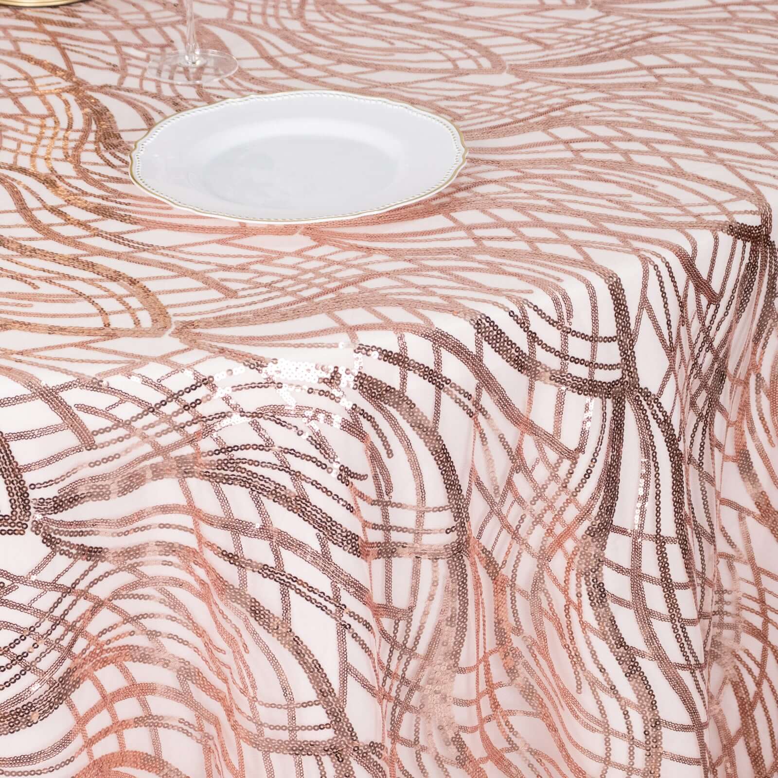 Sequin Mesh 120 Round Tablecloth Rose Gold - Seamless Wave Embroidered Table Cover