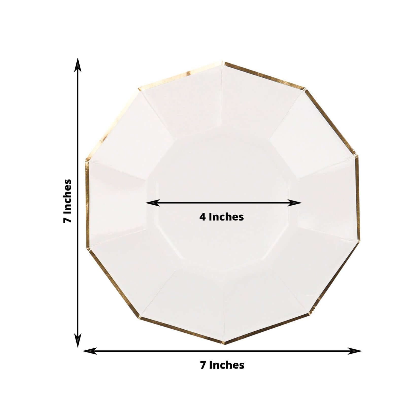 25-Pack Paper 7 Decagon Appetizer Plates in White with Gold Foil Rim - Stylish Geometric Dessert/Salad Plates for Cocktail Parties & Receptions