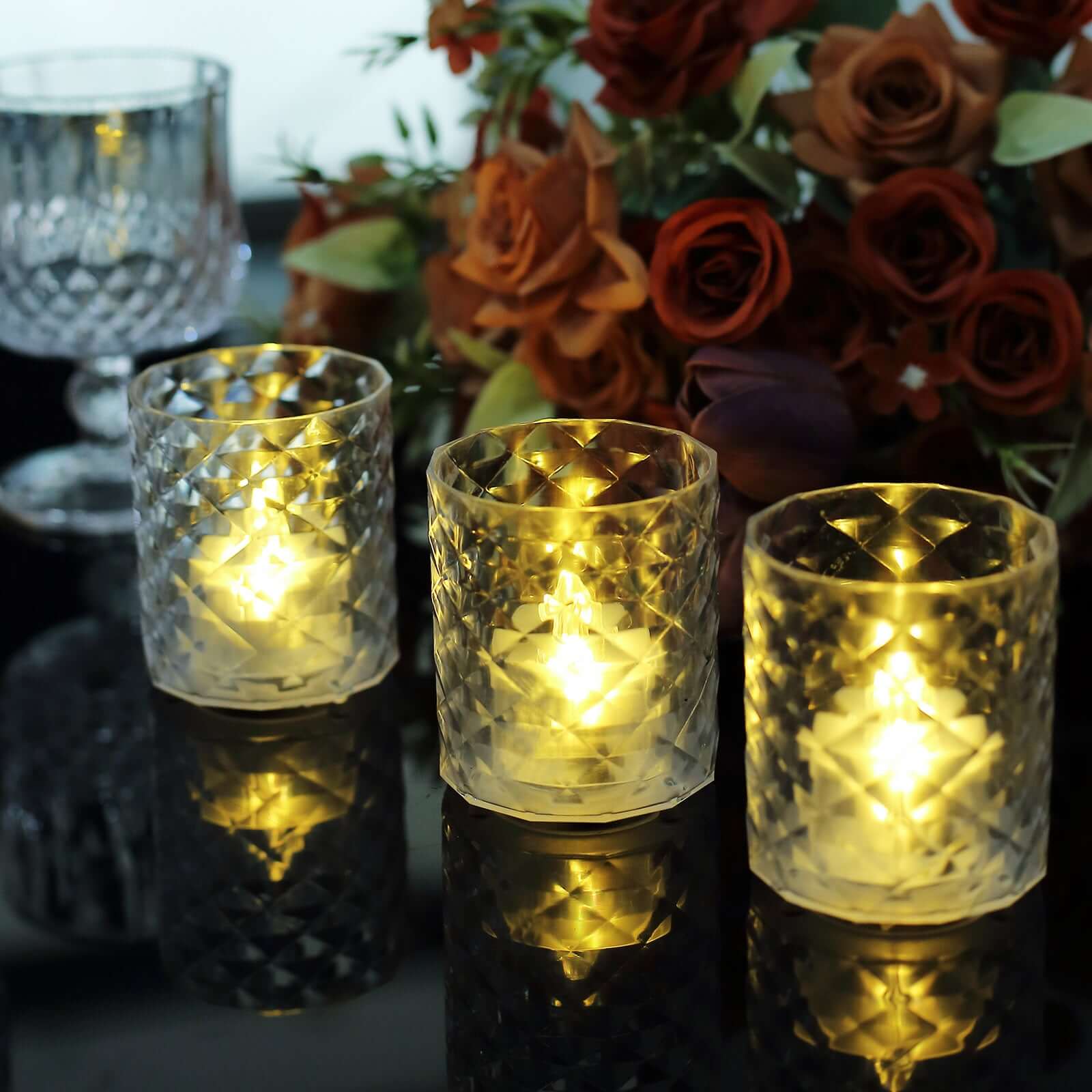 12-Pack LED Tealight Candle Holders Whiskey Glass Design Clear - Warm White Battery Operated Lights 3