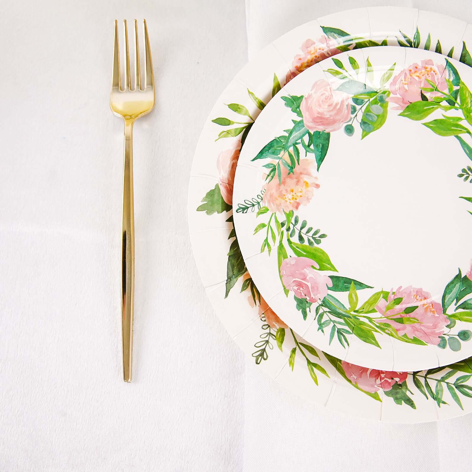 25-Pack Paper 9 Round Dinner Plates in White with Rose/Peony Flower Wreath - Disposable Party Plates for Bridal Showers & Garden Parties