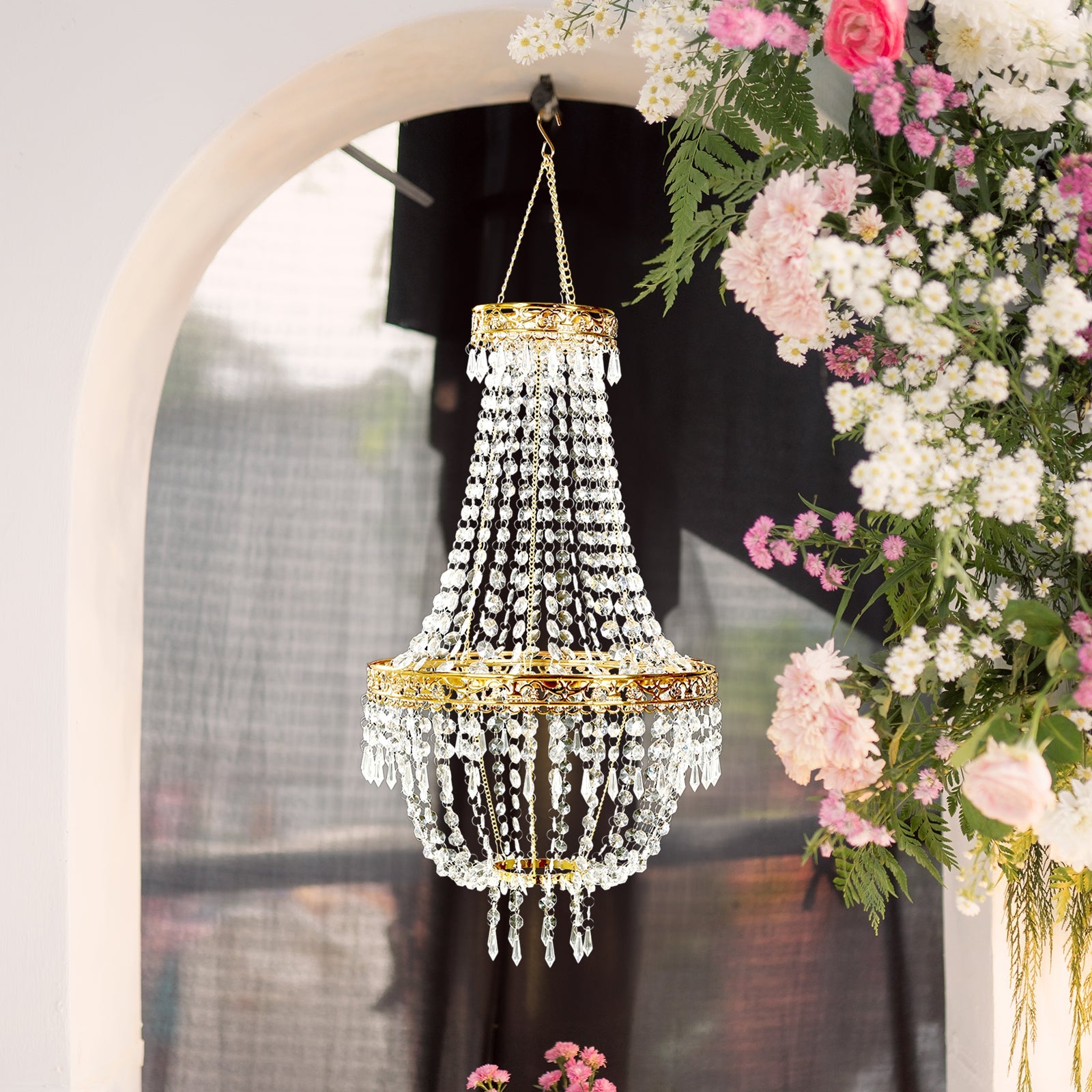 3ft Empire Style Beaded Crystal Chandelier with Gold Ornate Metal Frame, Adjustable Hanging Farmhouse Pendant Ceiling Lighting