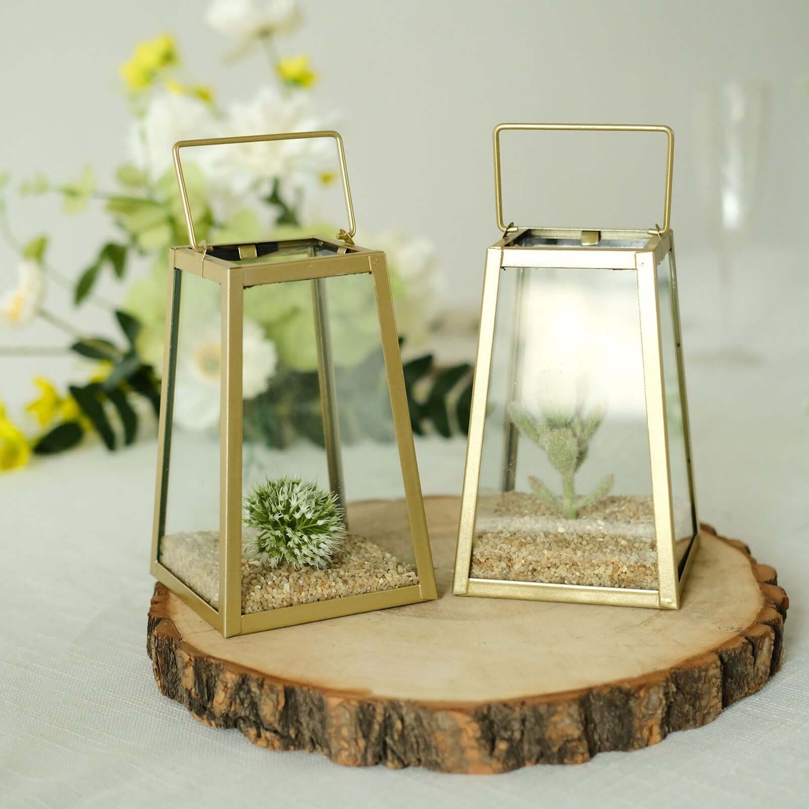 2-Pack Metal Candle Lanterns Trapezoid Geometric Design Gold - Hanging Terrariums Table Centerpieces for Indoor/Outdoor 6