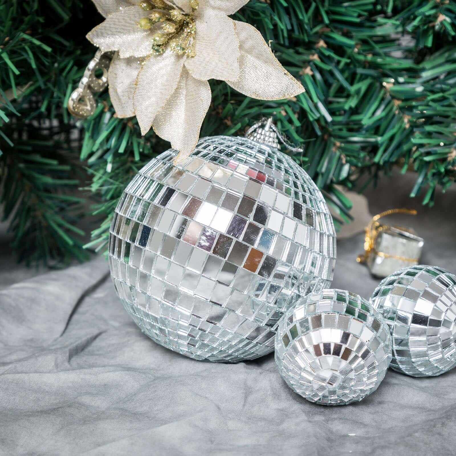 4 Pack 4 Silver Foam Disco Mirror Ball With Hanging Strings, Holiday Christmas Ornaments