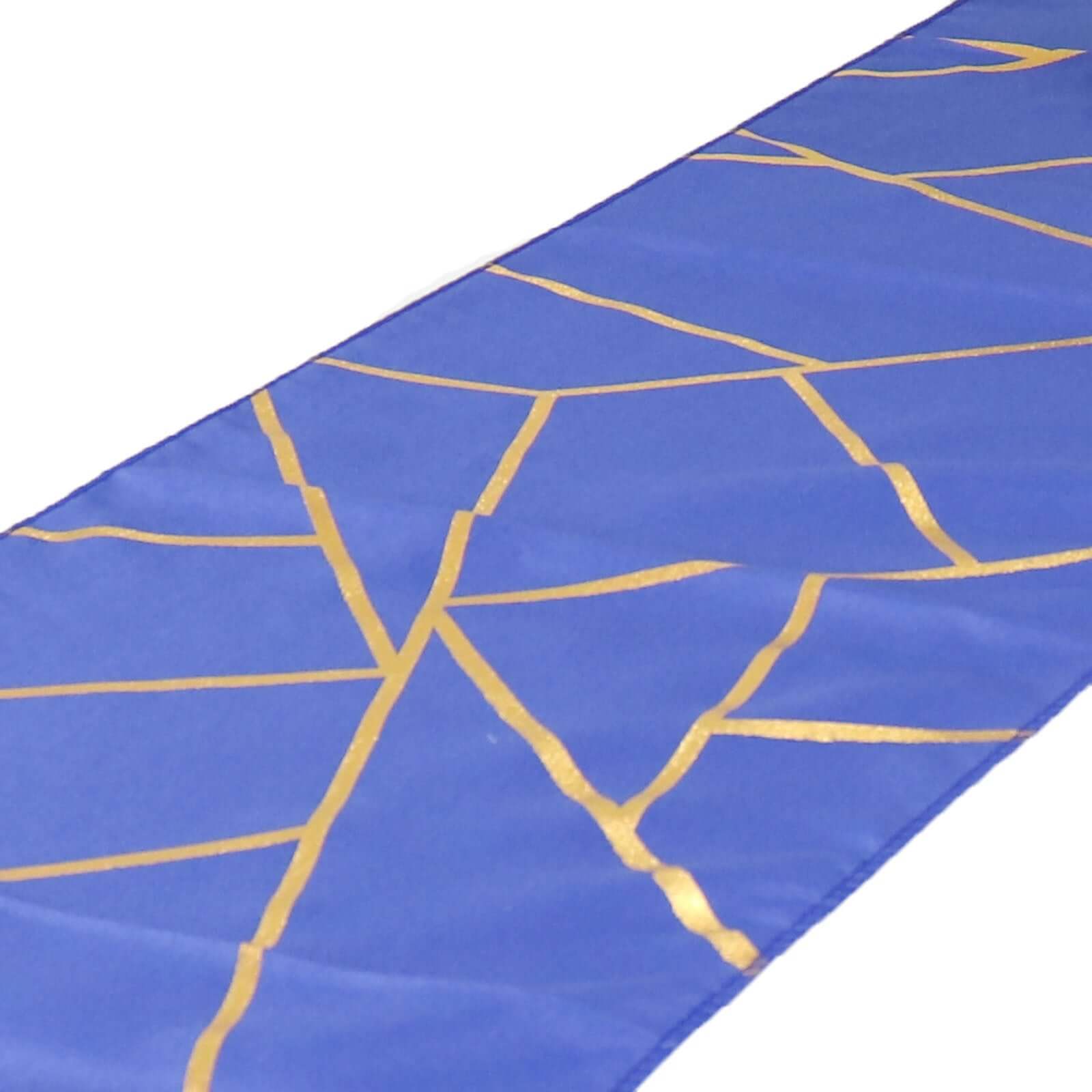 Polyester 9ft Table Runner Royal Blue with Gold Foil Modern Geometric Accent