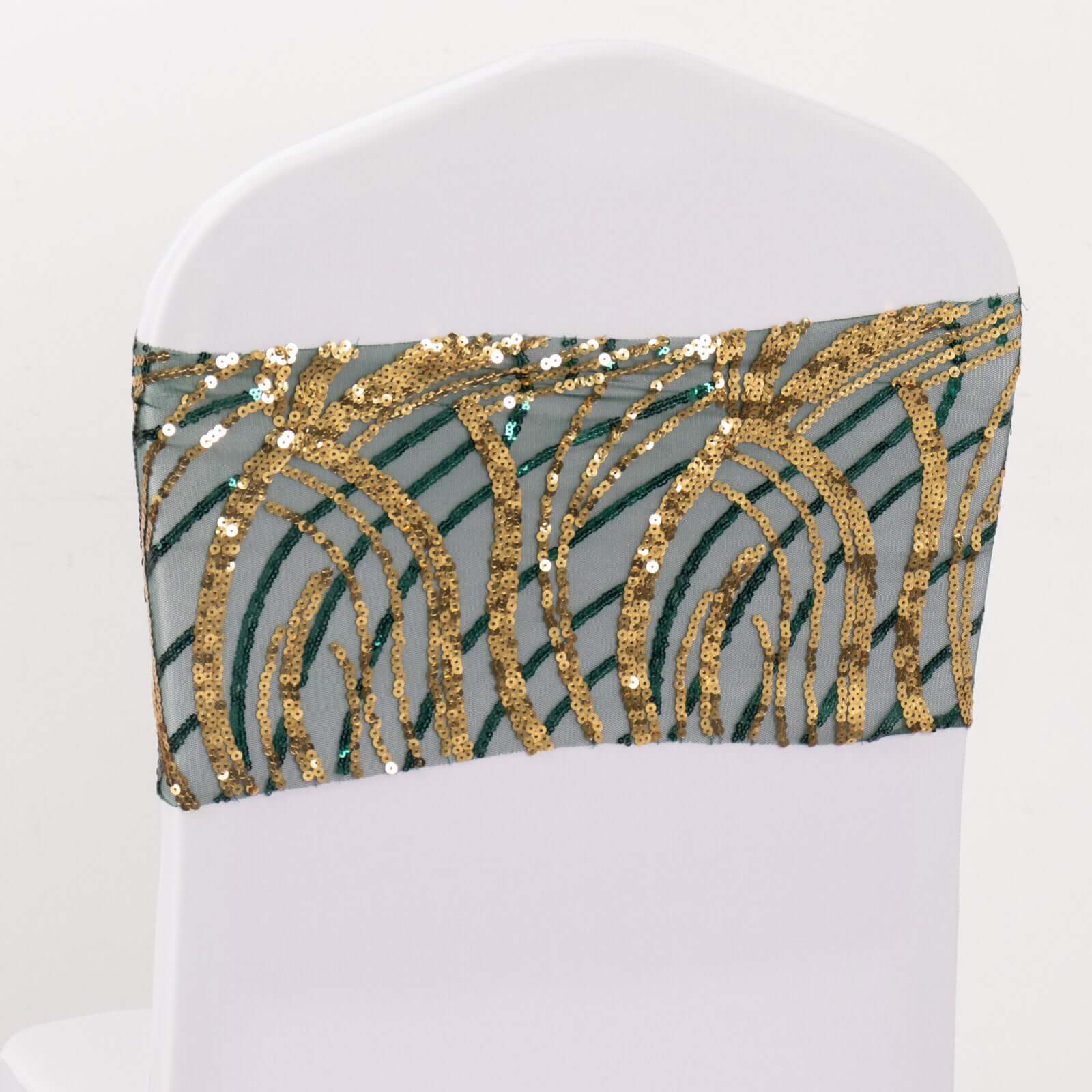 5 Pack Chair Sash Bands with Wave Embroidered Sequins Hunter Emerald Green/Gold