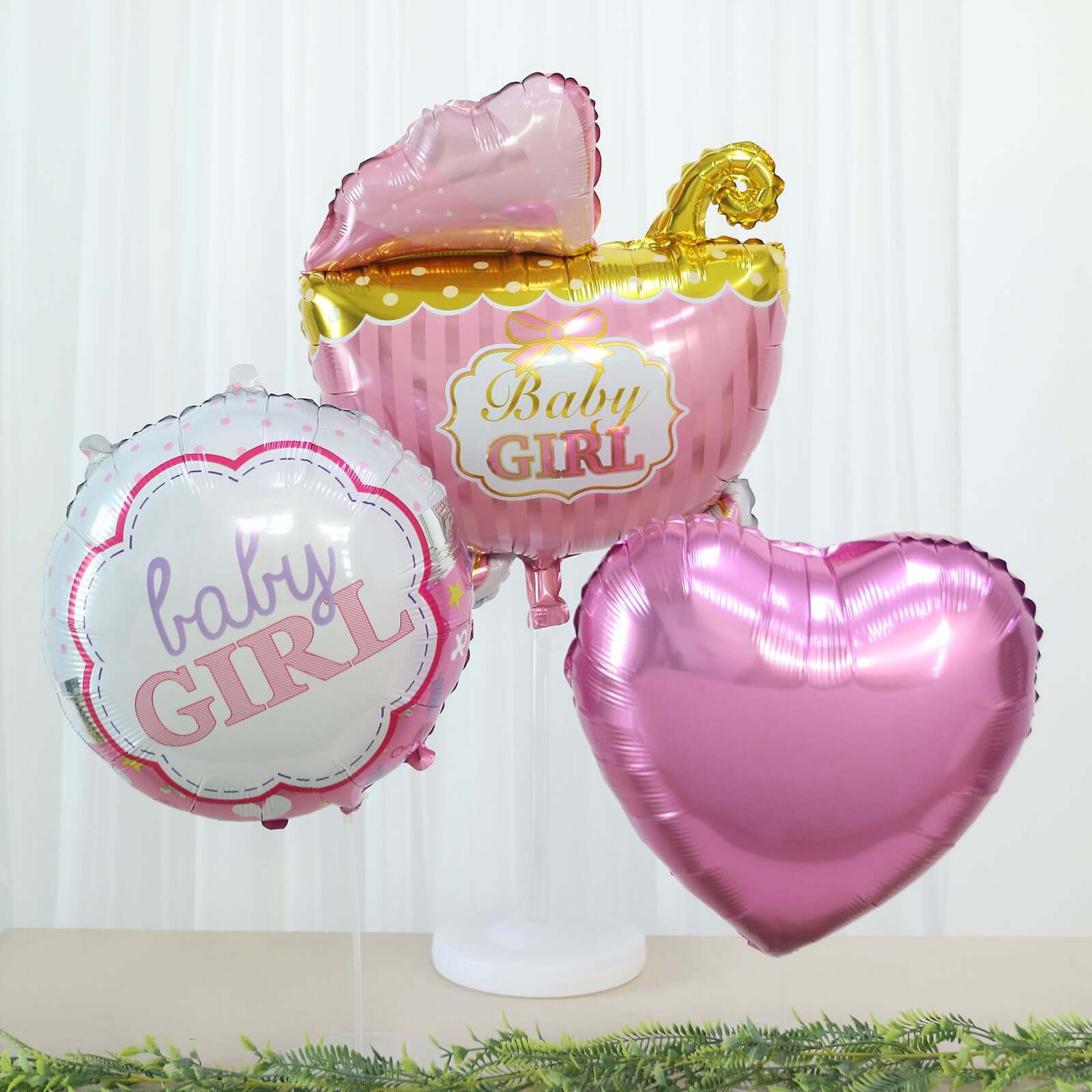 Set of 5 Pink White Girl Baby Shower Mylar Foil Balloon Set, Heart, Round and Baby Carriage Balloon Bouquet With Ribbon, Gender Reveal Party Decorations