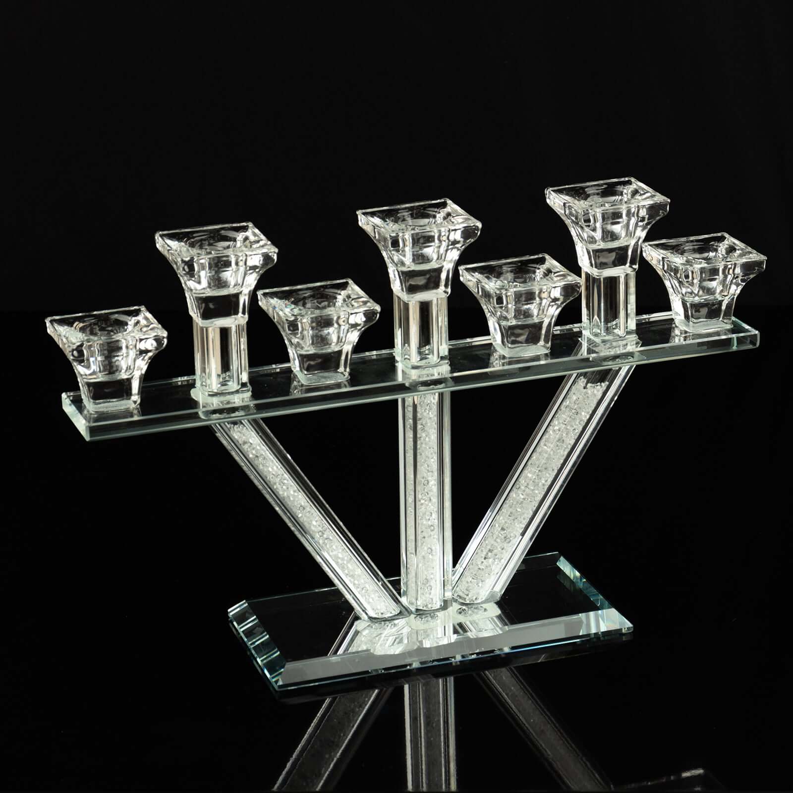 Crystal Glass Candelabra, 7-Branch Taper Candle Stick Holder Stand Table Centerpiece With Crystal Filler and Mirror Base 12