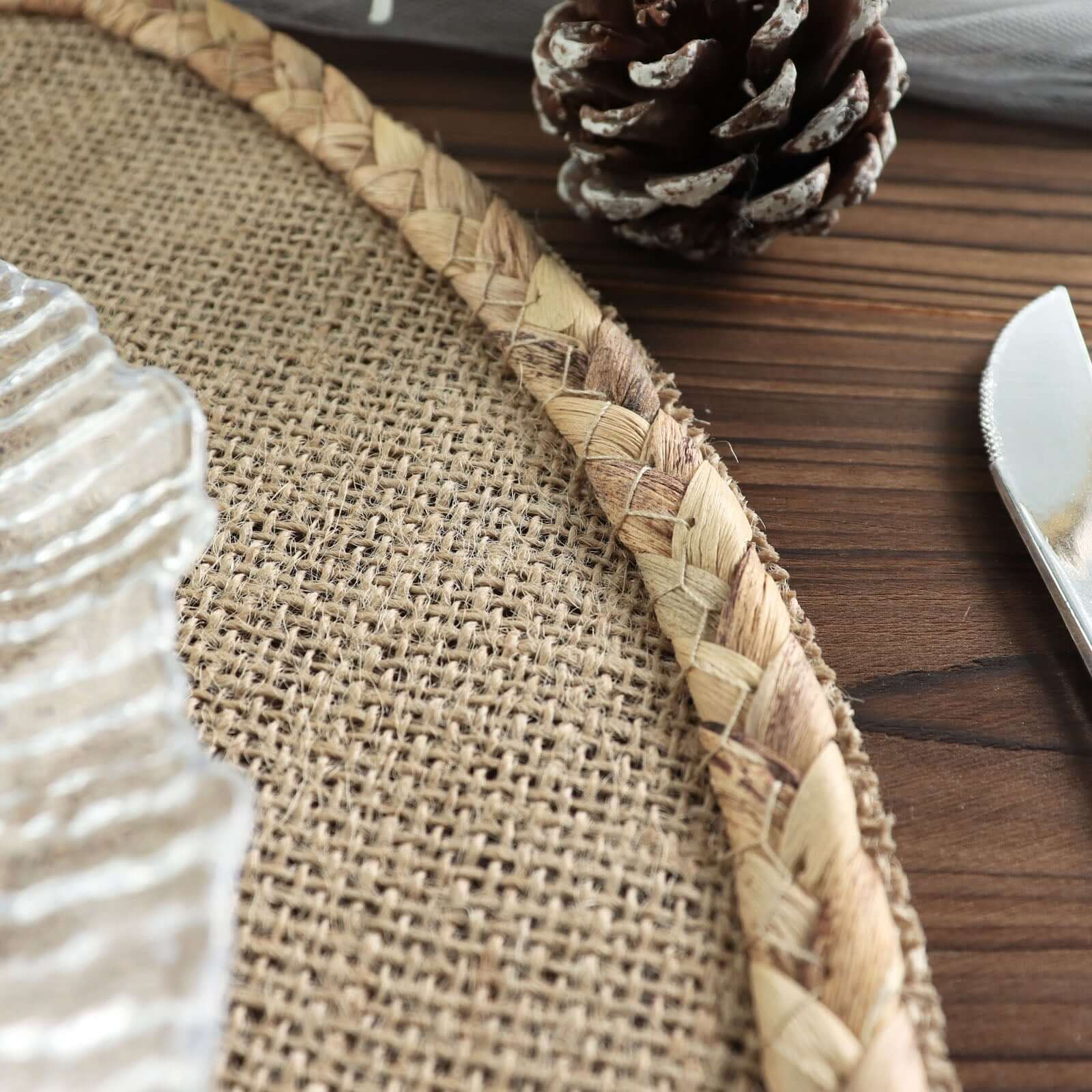 4-Pack Placemats Braided Edge Design Natural Burlap Jute Round - Rustic Farmhouse Style with Trim 15