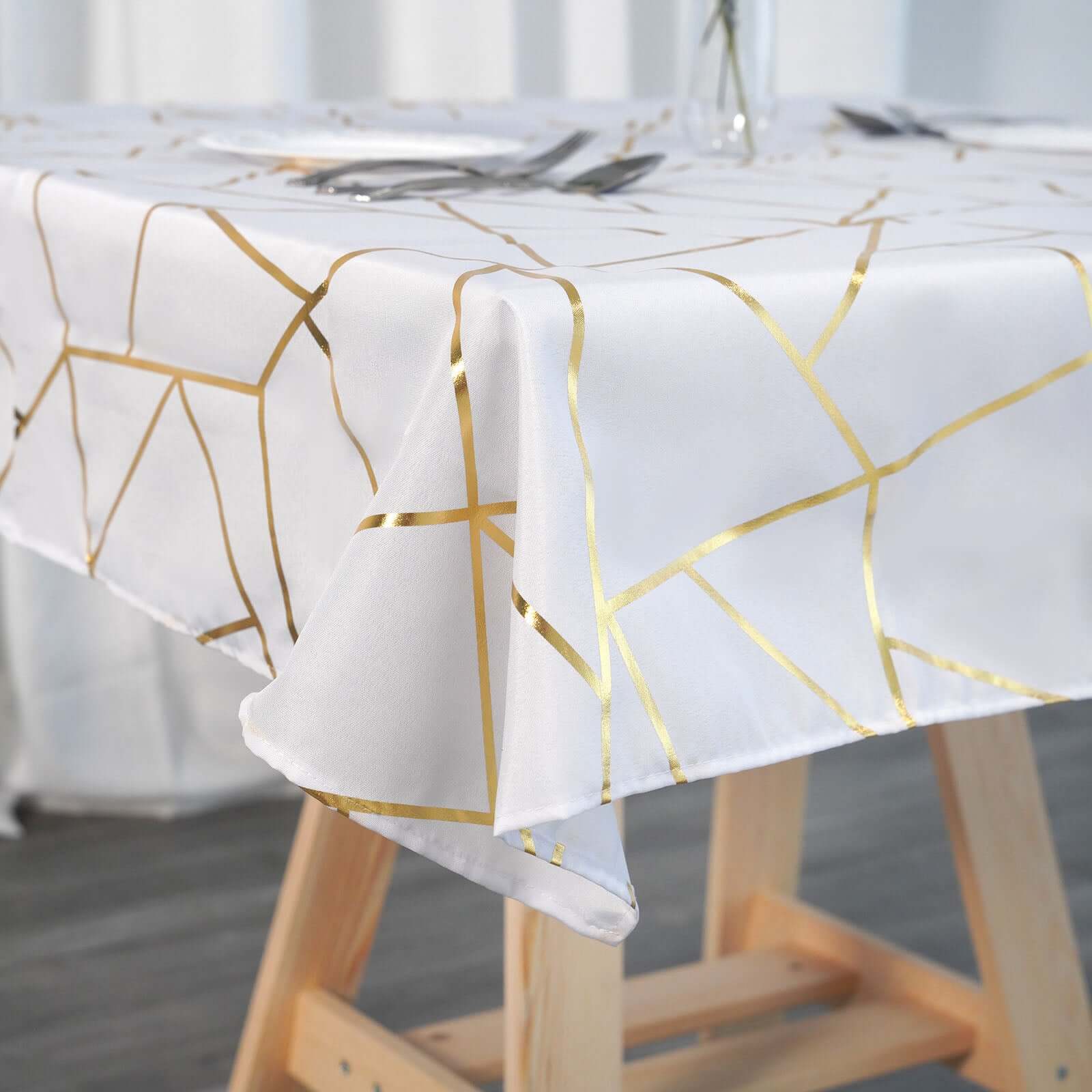 Polyester 54x54 Square Tablecloth White with Gold Foil Geometric Pattern - Wrinkle-Resistant & Durable for Stylish Settings