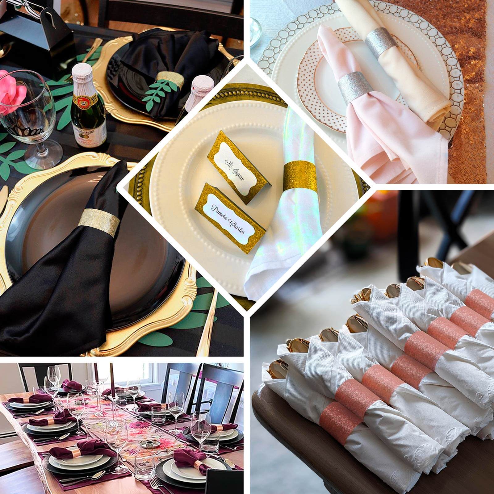 50-Pack Paper Napkin Rings Rose Gold Glitter - Stylish Disposable Napkin Holders 1.5