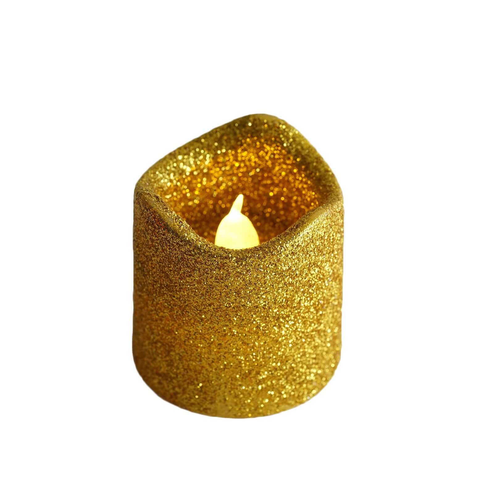 12-Pack LED Votive Candles Glittered Gold Design - Reusable Flameless Battery Operated Lights