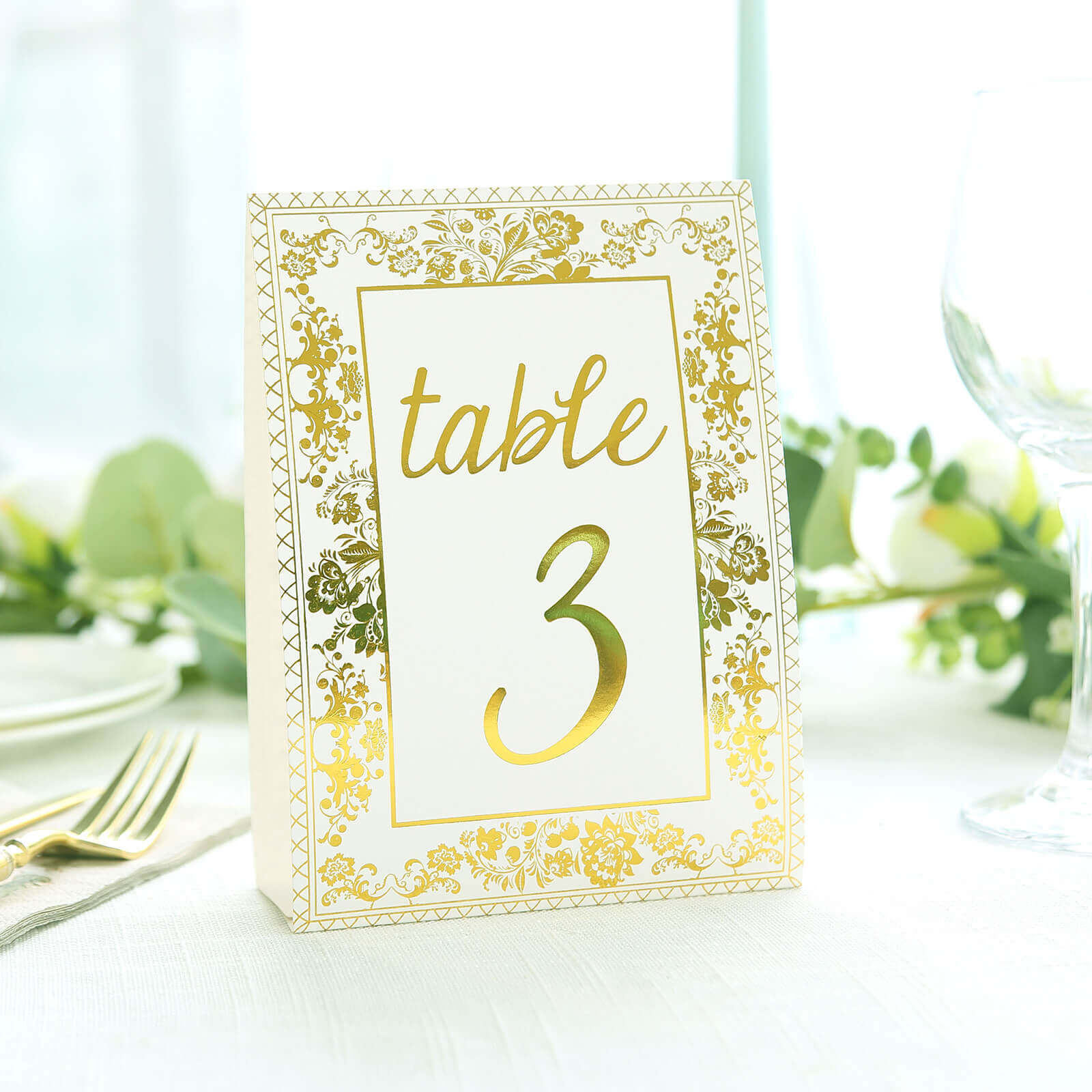 25-Pack Paper Wedding Table Numbers 1-25 White/Metallic Gold French Toile Design - Free Standing Double Sided Table Signs with Glam Gold Foil Numbers 7