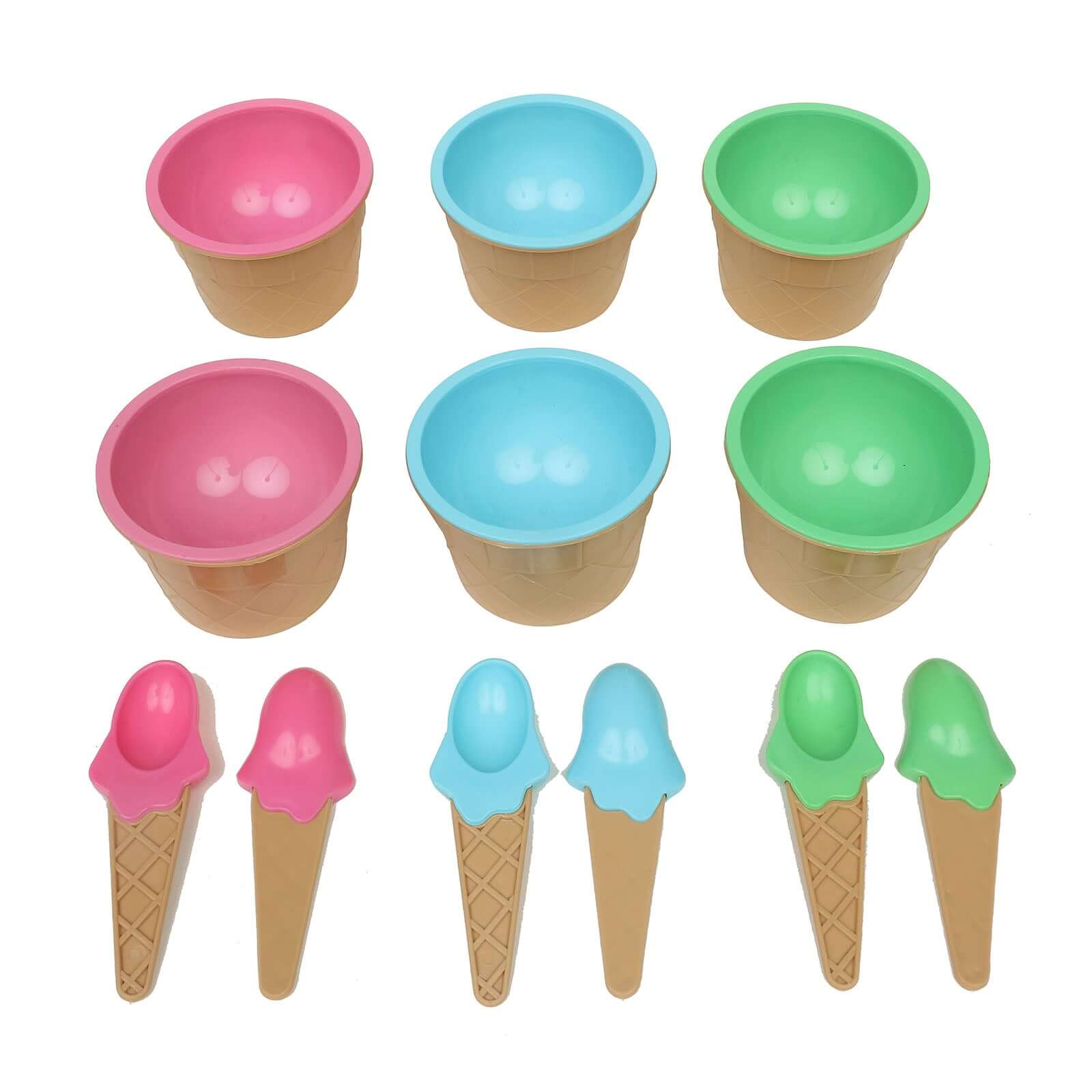 Set of 6 Plastic Dessert Cups Waffle Design Blue, Green, Pink - Includes Matching Spoons 5oz