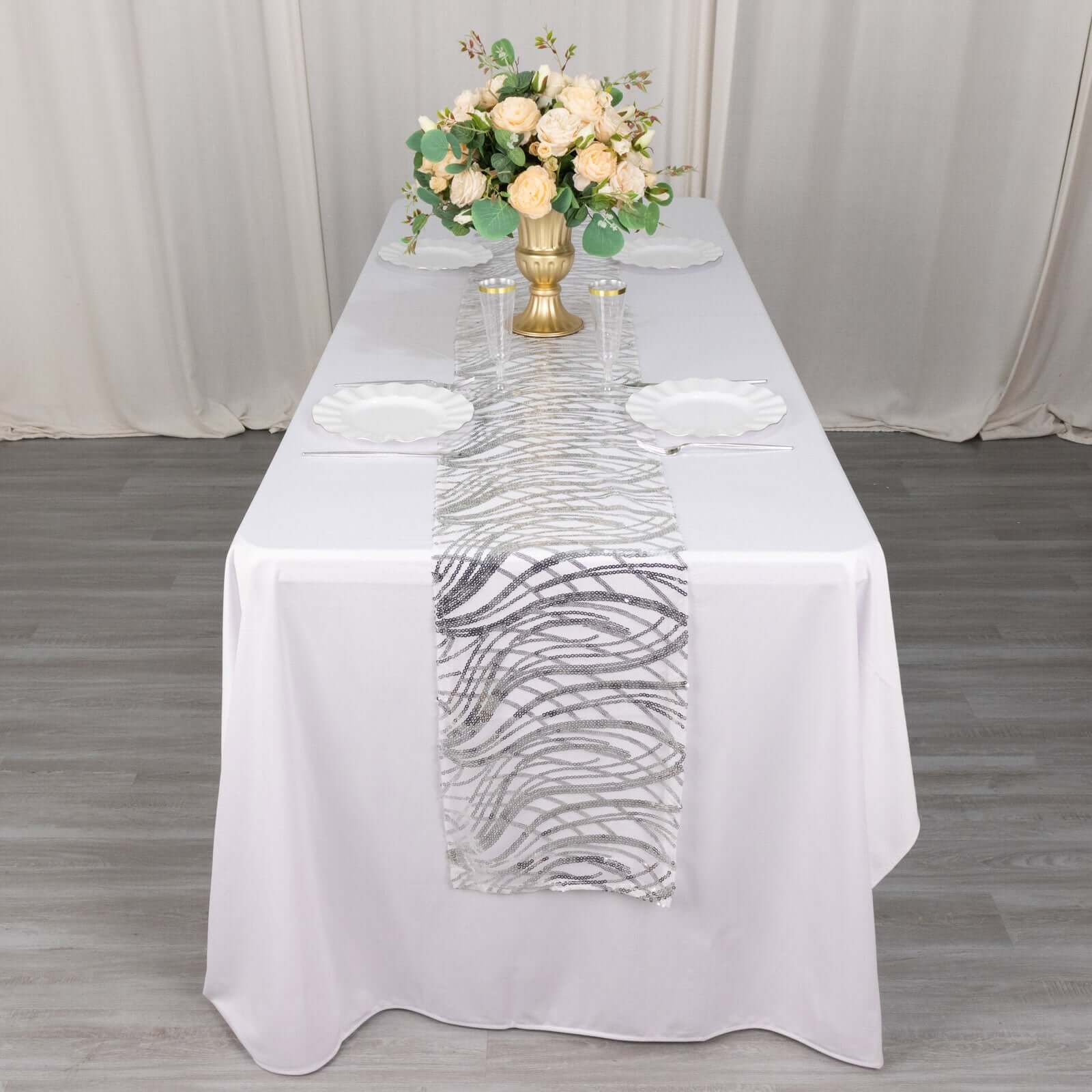 Sequin Mesh 12x108 Table Runner Silver Stylish Wave Embroidery