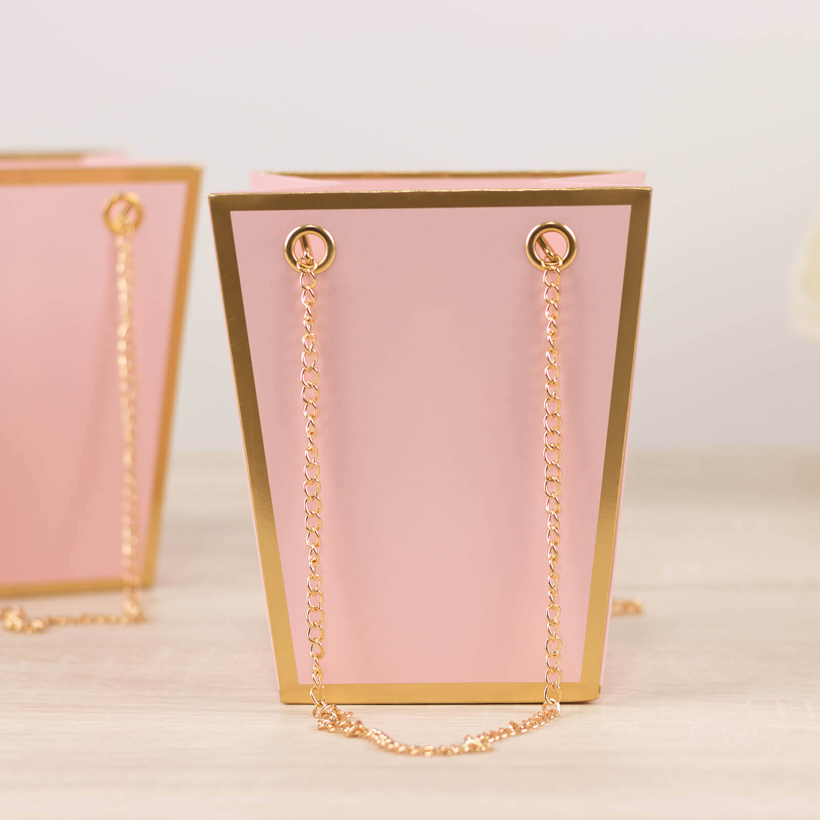 6 Pack Pink Gold Edge Paper Flower Gift Bags With Metal Chain Handles, Trapezoid Party Favor Tote Bags - 5x6