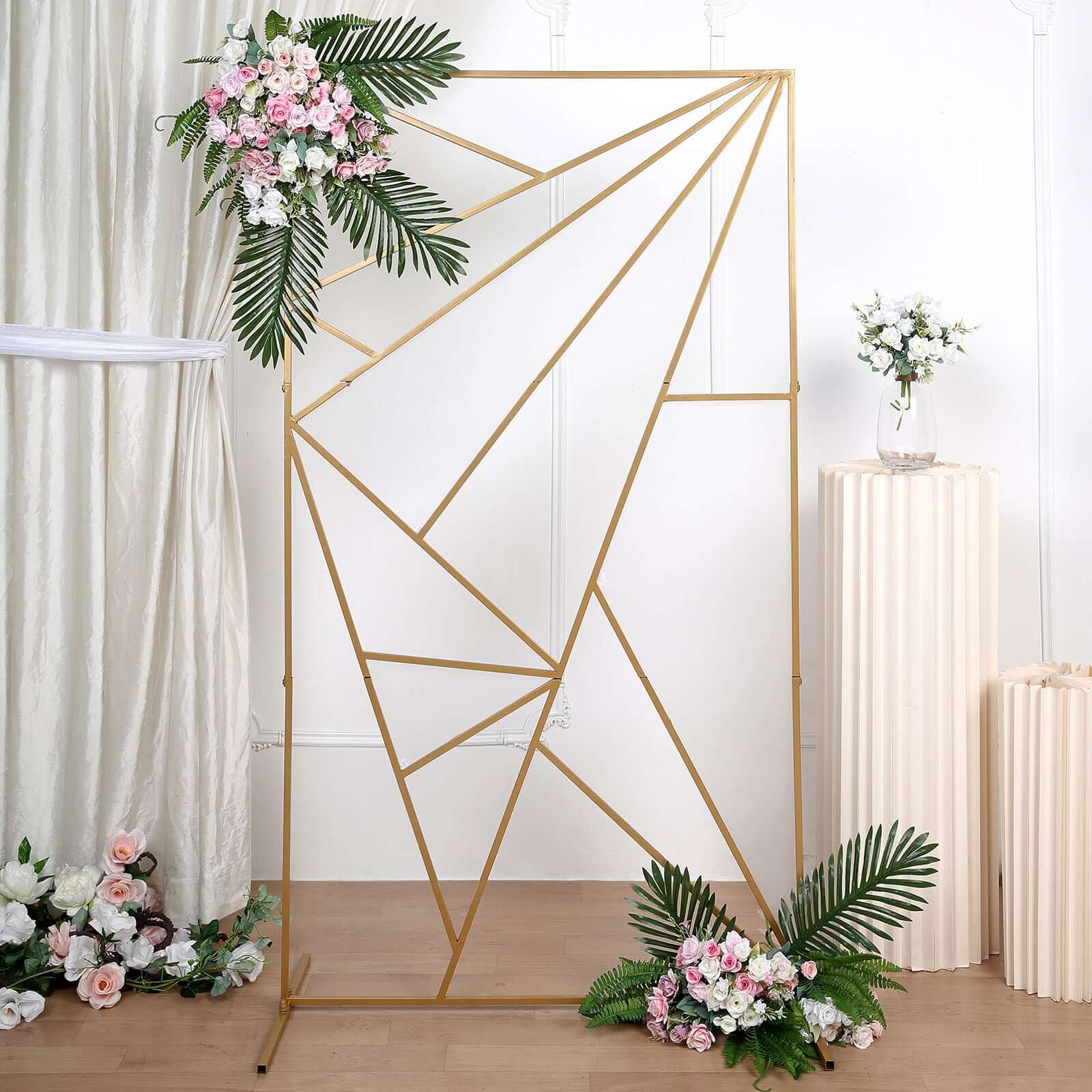 6ft Tall Gold Metal Rectangular Geometric Flower Frame Prop Stand, Wedding Backdrop Floor Stand With Cloudy Film Insert