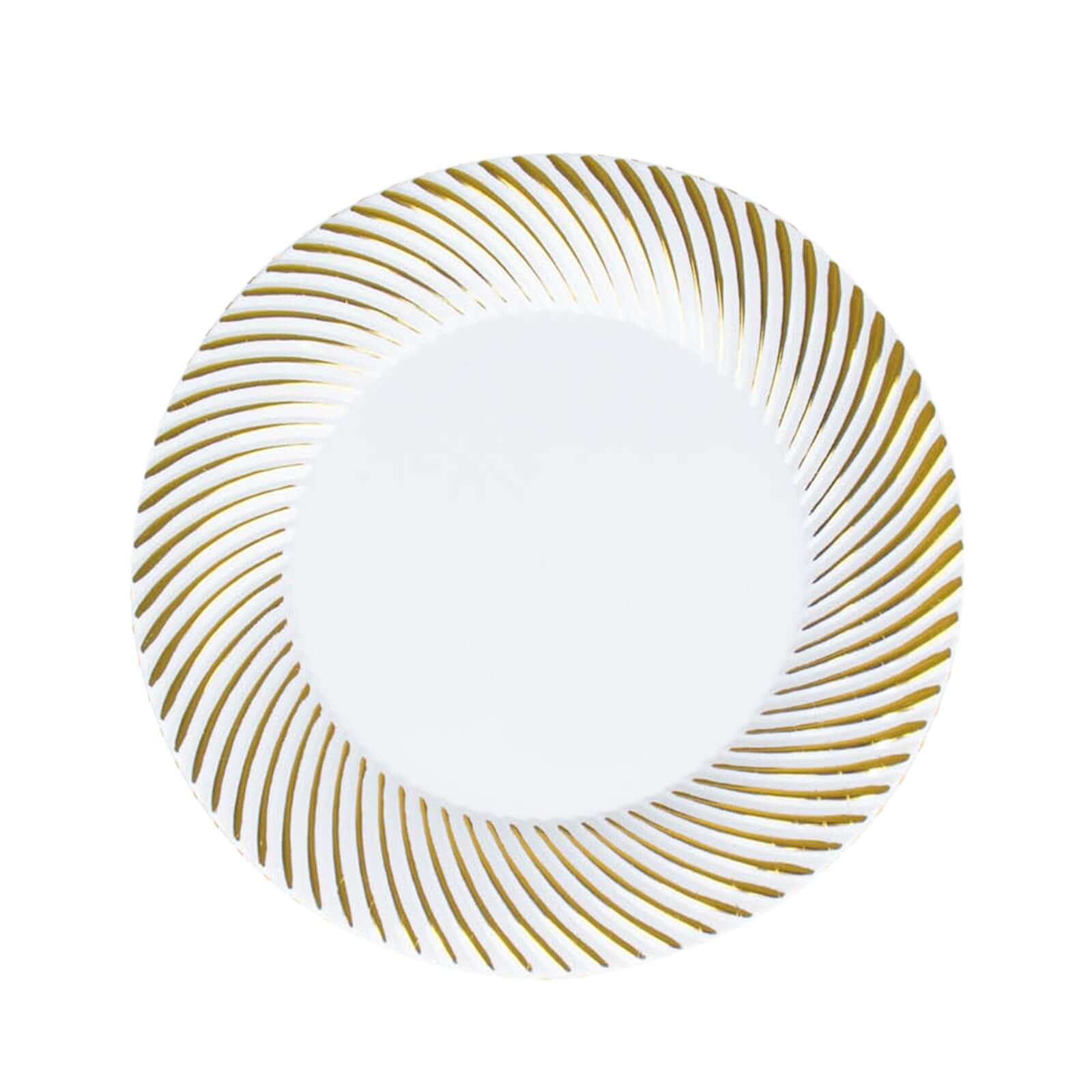 10-Pack Plastic 7 Round Dessert Plates in White with Gold Swirl Rim - Disposable Salad Plates for Classy Events & Banquets