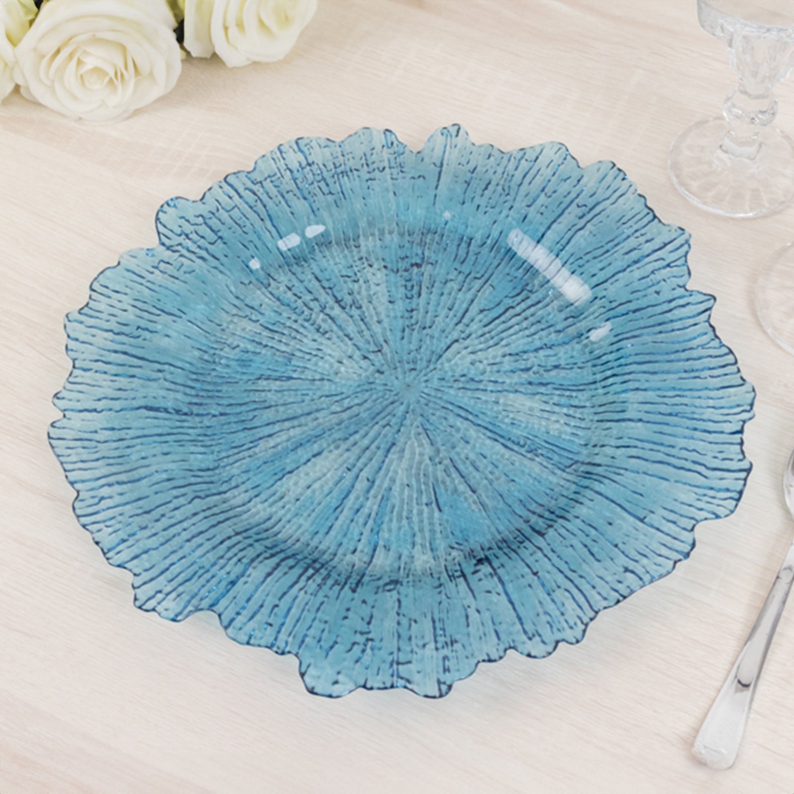 6-Pack Acrylic Plastic Round Charger Plates 13 in Transparent Dusty Blue with Reef Design, Dinner Charger Tableware