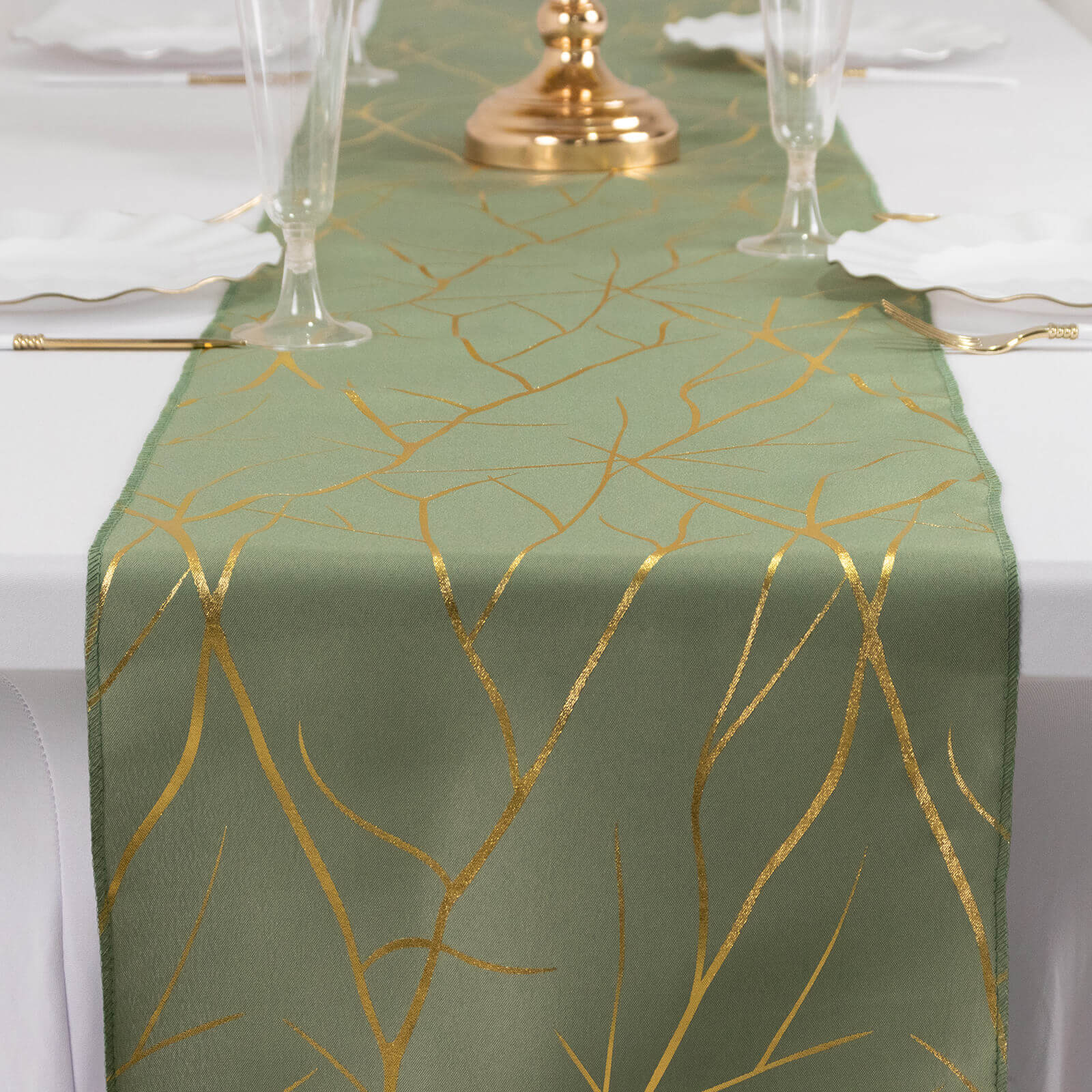 Polyester 9ft Table Runner Dusty Sage Green with Gold Foil Tree Branch Pattern - Stylish Table Linen