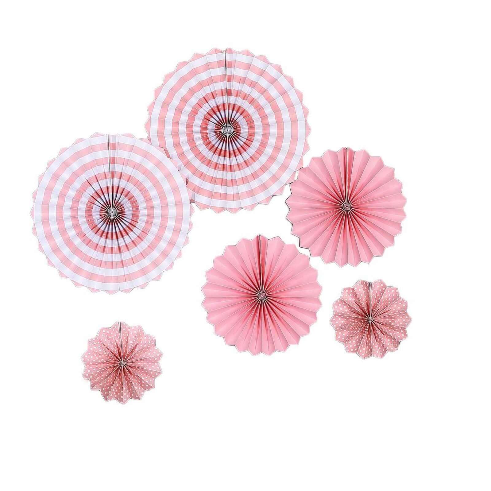 Set of 6 Pink Hanging Paper Fan Decorations, Pinwheel Wall Backdrop Party Kit - 8, 12, 16