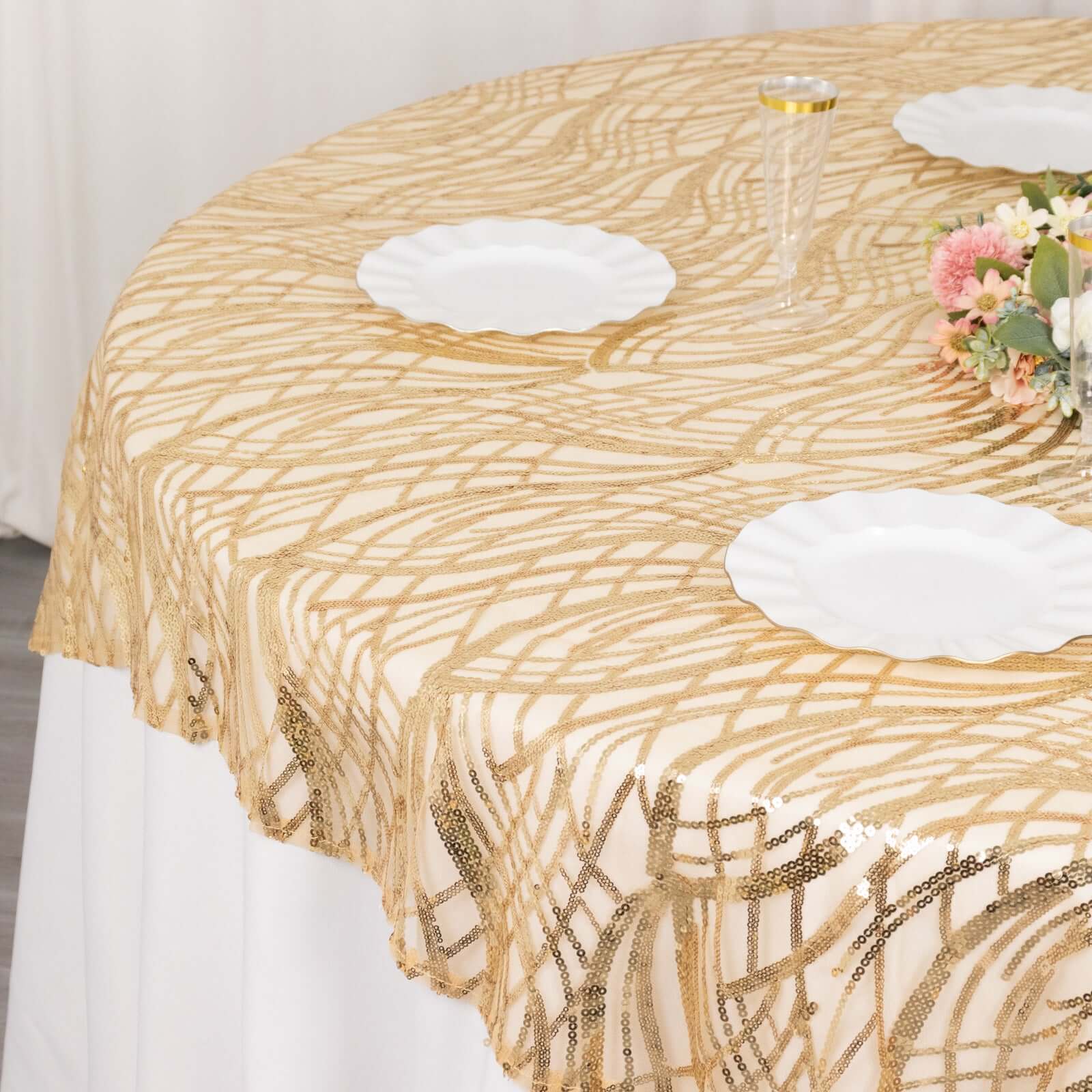 Mesh 72x72 Table Overlay Square Tablecloth Champagne - Wave Embroidered Sequins Table Topper