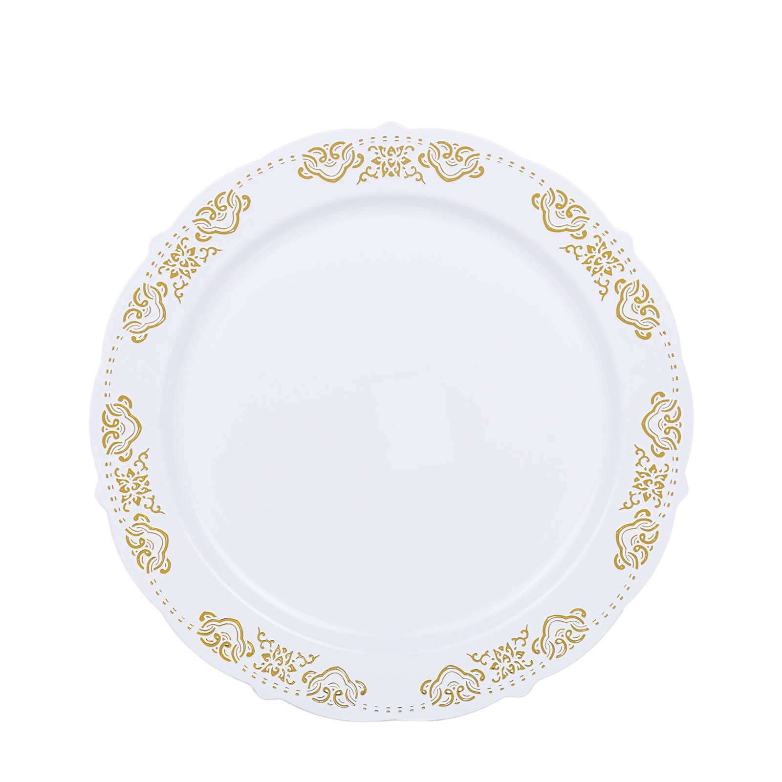 10-Pack Plastic 7.5 Round Appetizer Plates in White with Gold Embossed Scalloped Edge - Chic Disposable Salad Plates for Special Occasions & Banquets