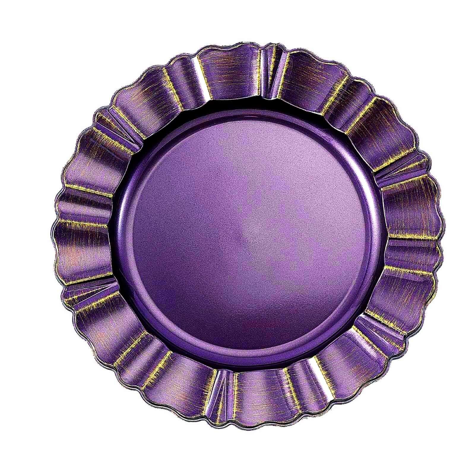 6-Pack Acrylic Plastic Round Charger Plates 13 in Purple with Gold Brushed Wavy Scalloped Rim, Decorative Dinner Party Charger Tableware