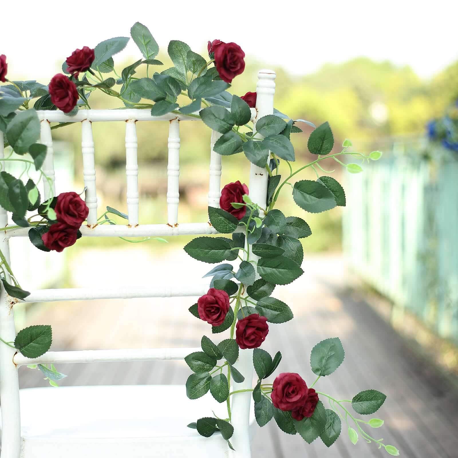 6ft 20 Burgundy Artificial Silk Roses Flower Garland, Hanging Vine