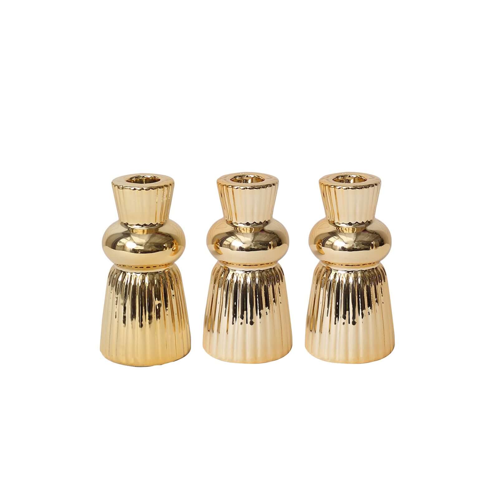 3-Pack Ceramic Taper Candle Holders Fluted Ball Neck Design Metallic Gold - Ribbed Candlestick Stands 5