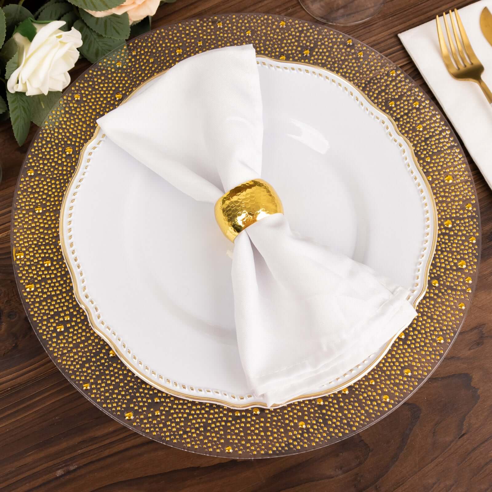 6-Pack Plastic Round Charger Plates 13 in Clear with Gold Pearl Beaded Rim, Upscale Dinner Serving Plates