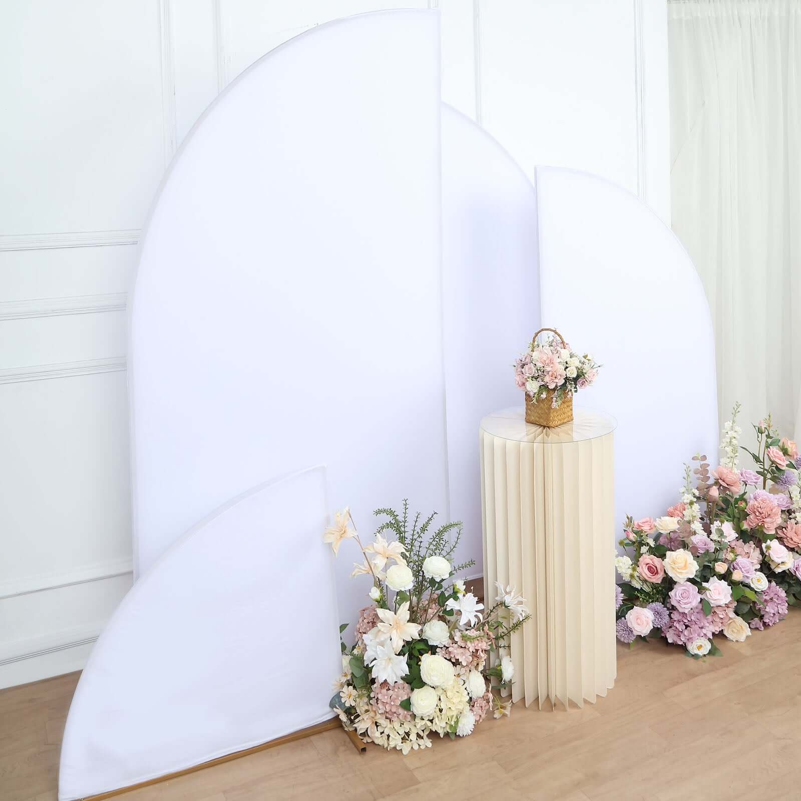 Set of 4 Matte White Spandex Half Moon Chiara Backdrop Stand Covers, Custom Fitted Wedding Arch Covers - 2.5ft,5ft,6ft,7ft